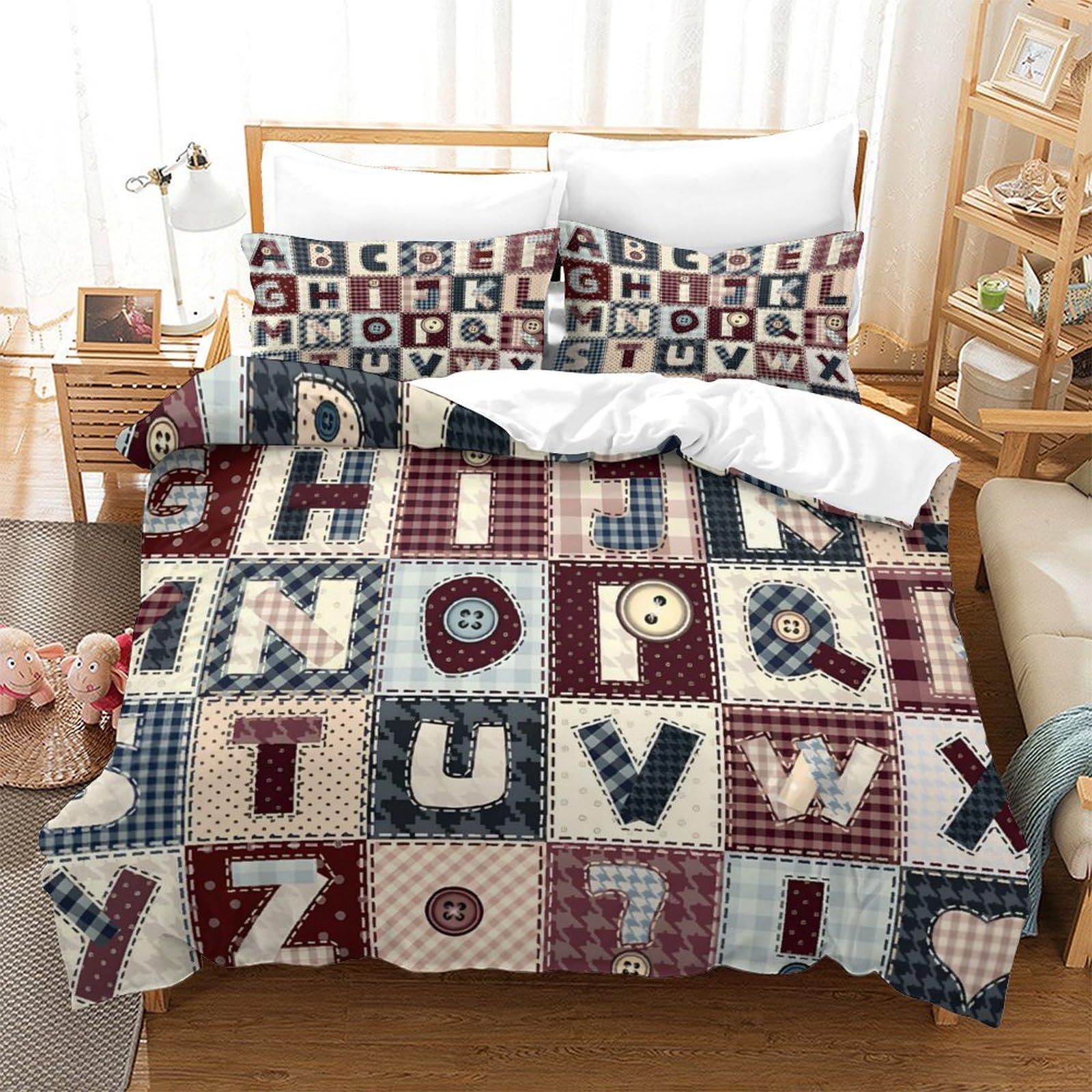 LIAOHENKAN Alphabets Letters In Patchwork 3Pcs Comforter Set Full Size Kids Boys Girls Decor Comforter Set Duvet Set Quilt Set Ultra Soft Room Decor Bedclothes with Zipper Closure Single（140x200cm）