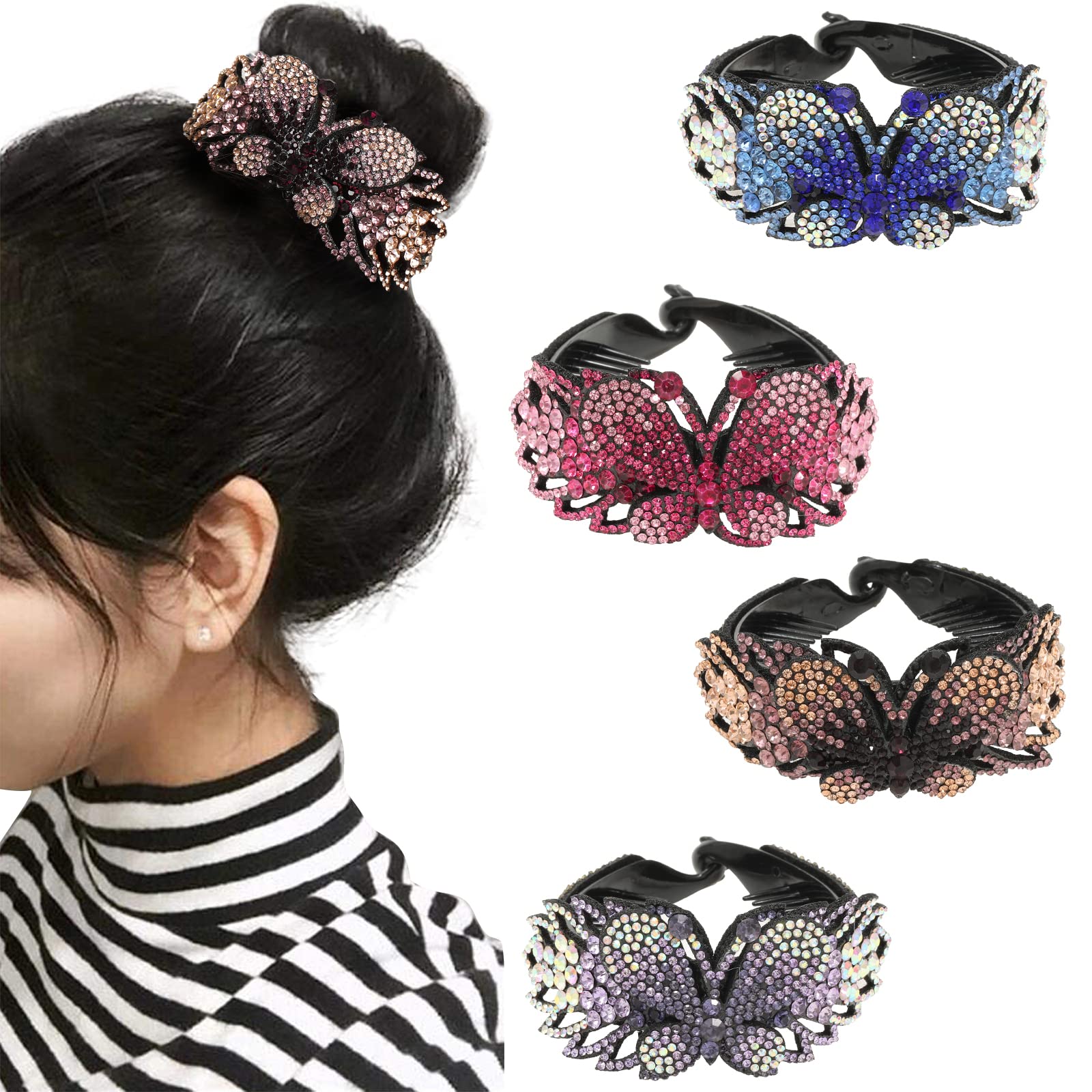 Rhinestone Hair Clip for Women - 4Pack Half-balloon Nest Expanding Hairpin Girls Hair Claws Hair Bun Holders Accessories Flowers Butterfly (Pink+