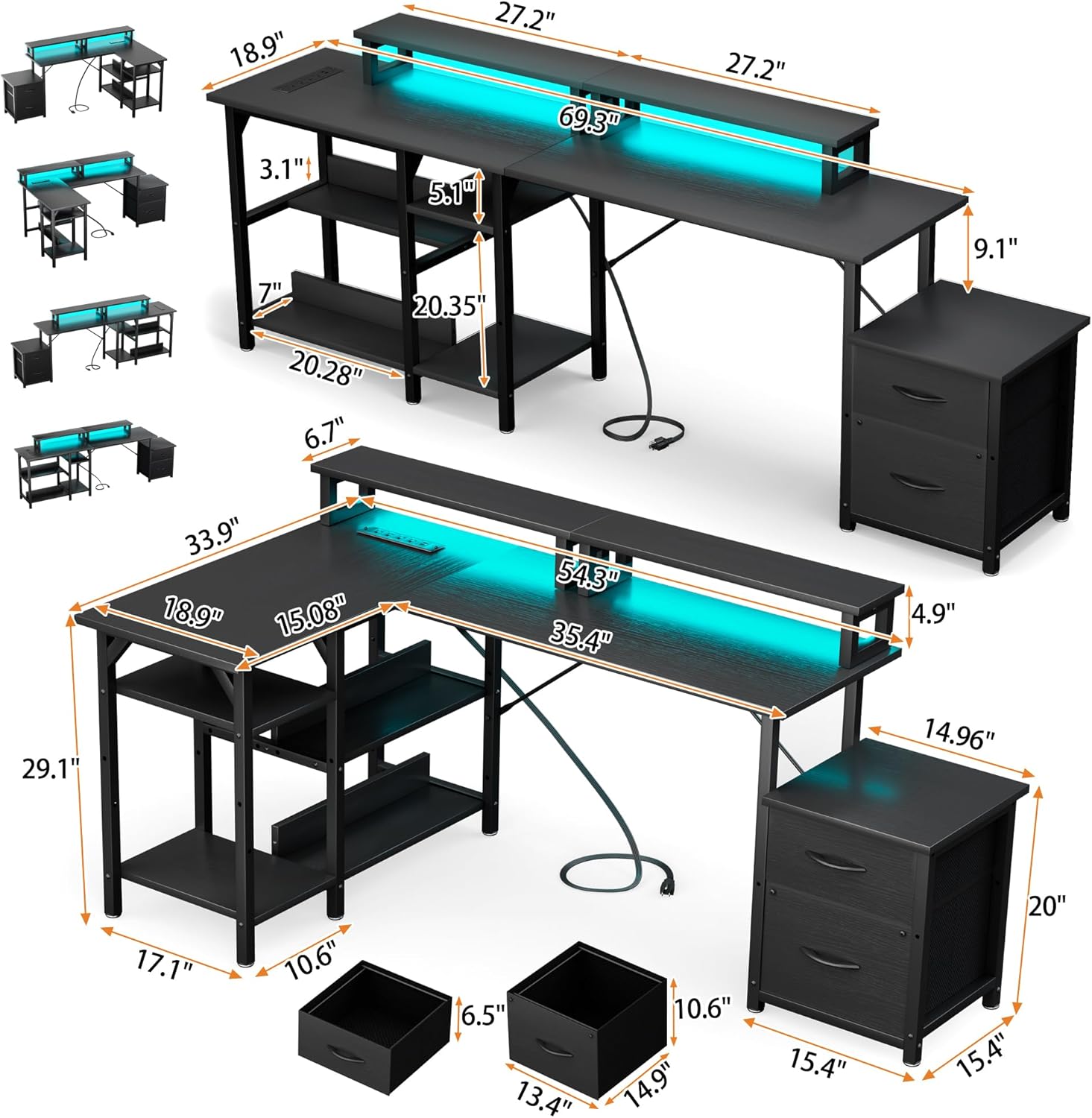 Home Office Desk with Power Outlet, 67'' L Shaped Reversible Gaming Desk, Corner Computer Desks with File Drawers, Black