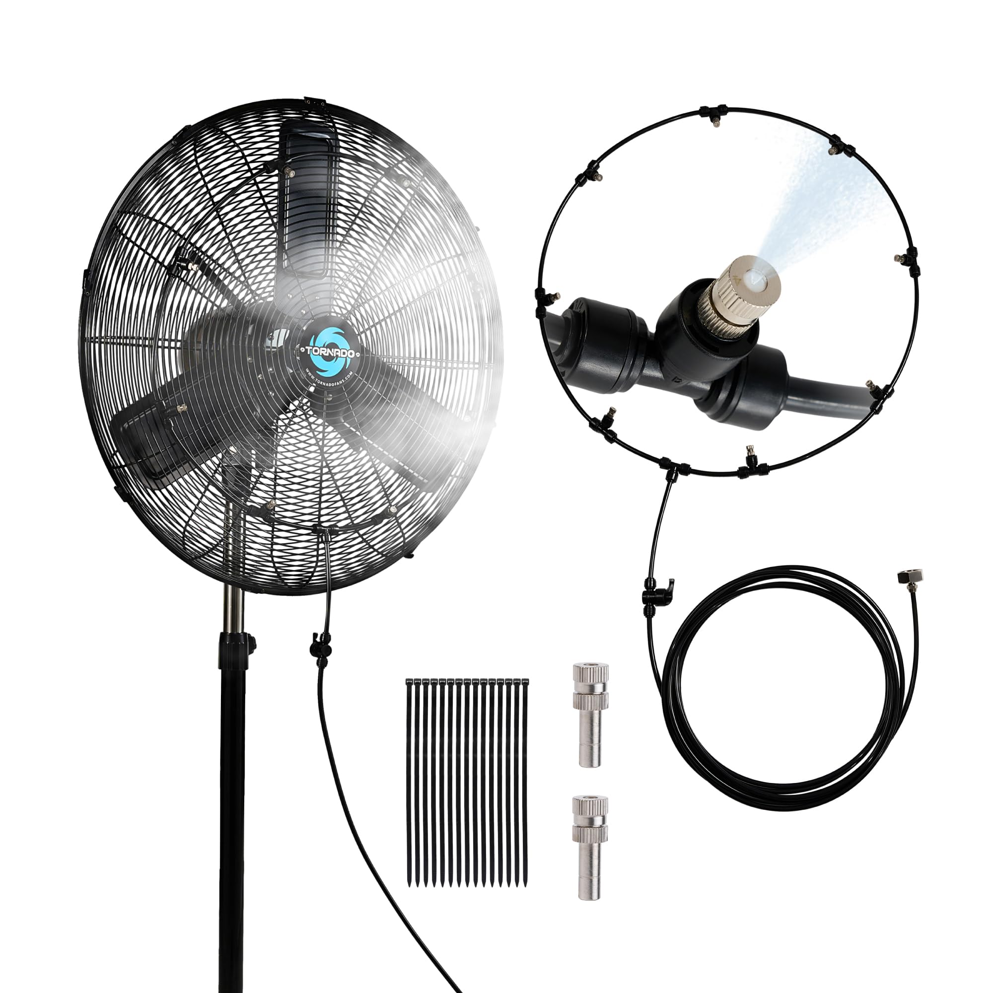 Tornado 30 Inch Outdoor Misting Pedestal Fan, 8850 CFM High Velocity Oscillating Fan with Water-Resistant Design, 10 Brass Nozzles &amp; 19.69 FT Hose for Patio, Garden, Backyard Cooling