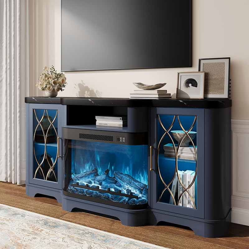 70" TV Stand with 30" Curved Electric Fireplace, Blue/Black image 2