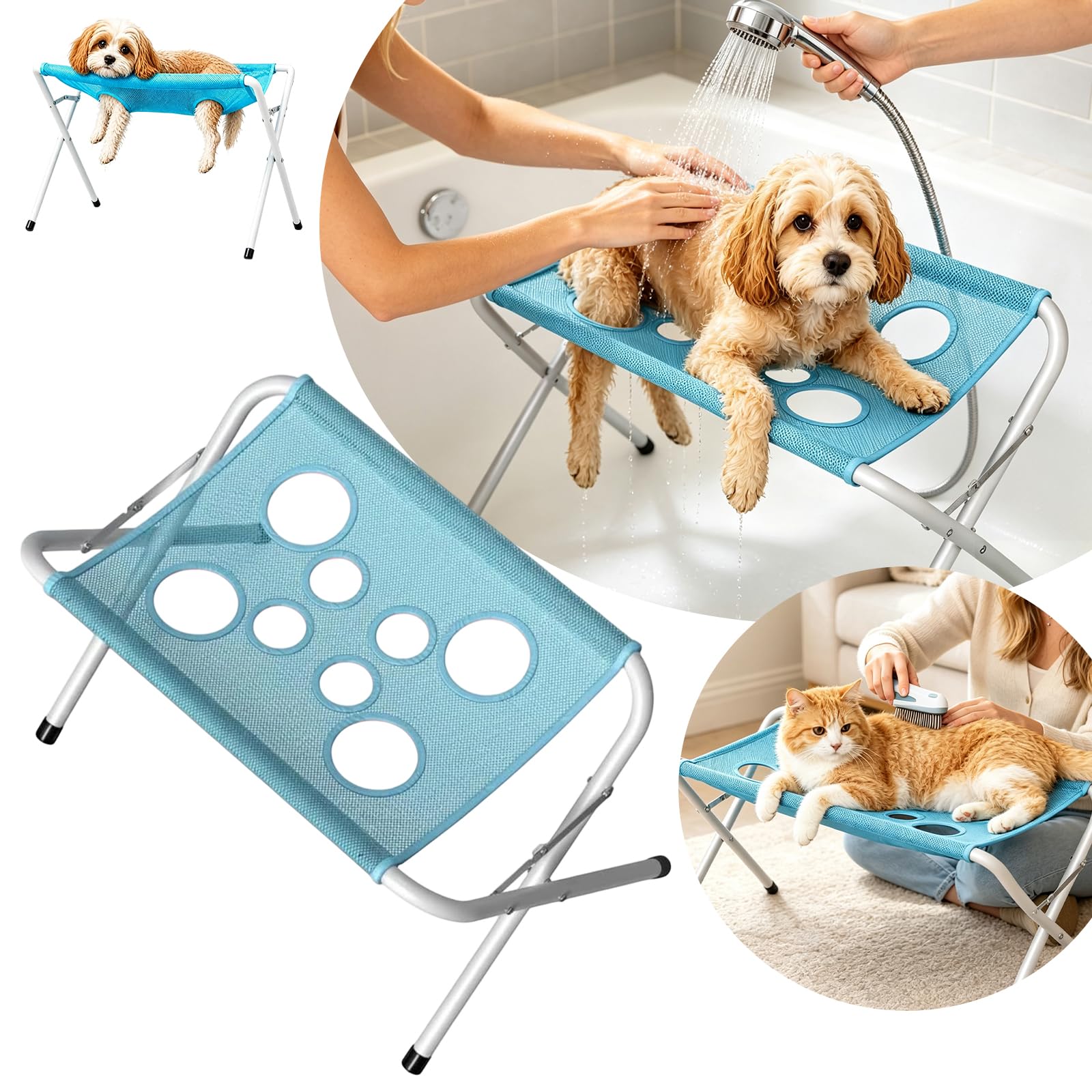 Dog Shower Hammock Chair, Foldable Grooming Bed, Pet Shower Holder Stand