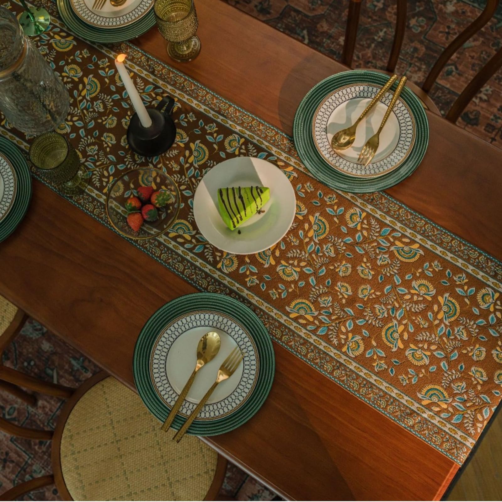 Runner da Tavolo Poliestere 35x160 cm, Runner da Tavola Moderno Lavabile Motivo Jacquard Rami D'Albero e Viticci con Nappe Decorazioni per Tavolino da Compleanni Matrimoni, Marrone