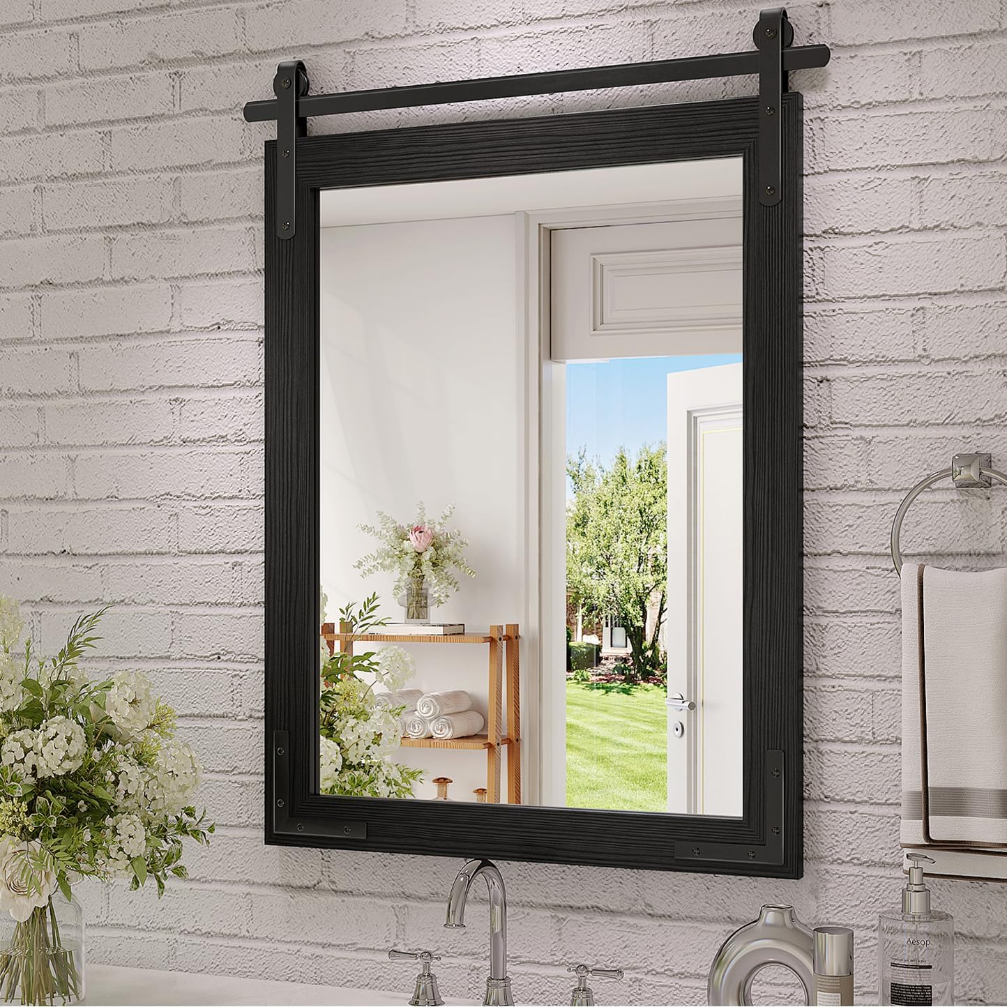 Farmhouse Bathroom Mirror, 18x26 Inch Black Wood Framed Rustic Vanity Mirrors for Wall, Rectangular Wall Decor Mirrors for Bedroom Living Room Entryway Black 18"L x 26"W