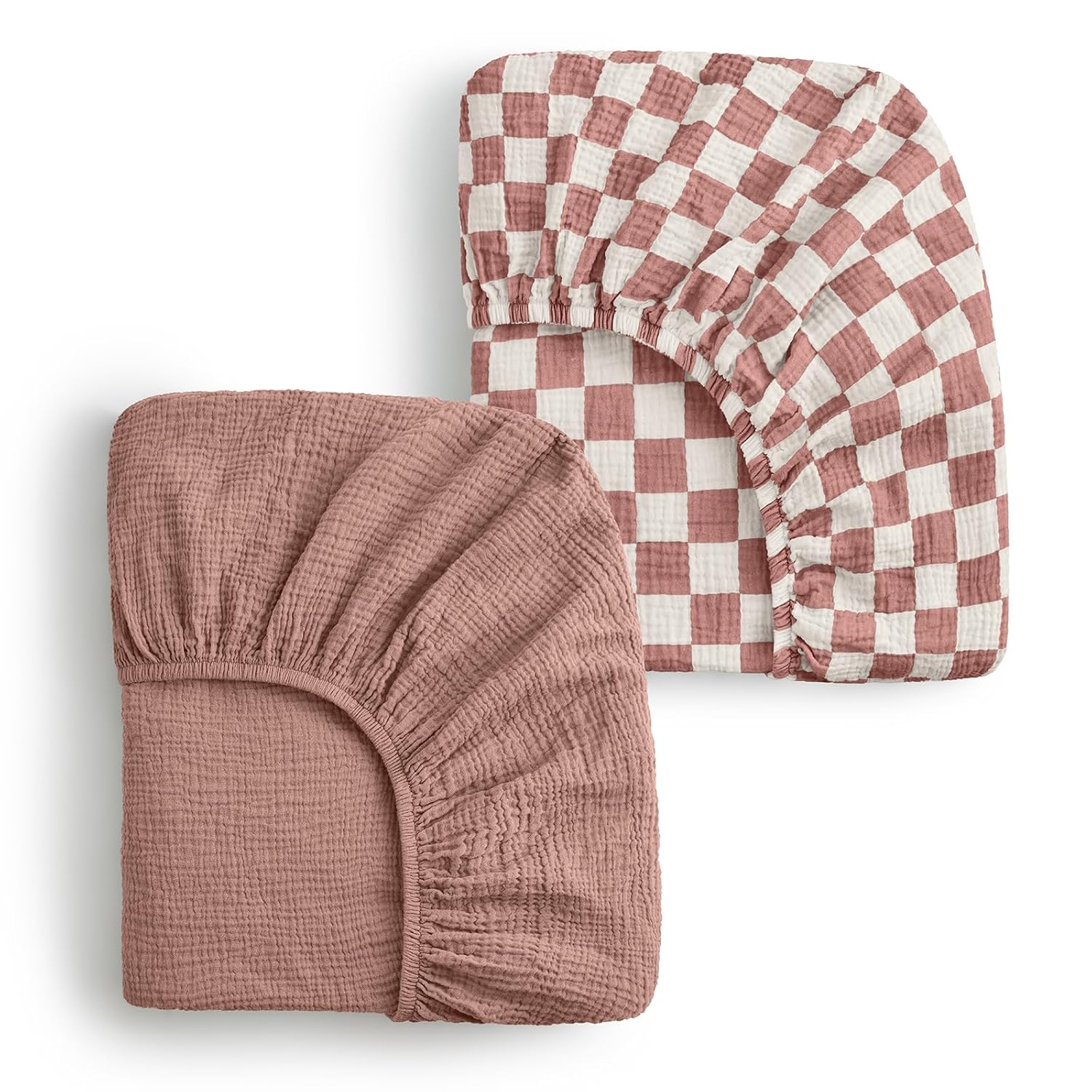 Blissful Diary Muslin Crib Sheets for Girl Boy, Boho Neutral Soft Cotton Baby Sheet for 52''x28'' Standard Crib Mattress, 2 Pack(Dusty Pink Checkboard & Dusty Pink)
