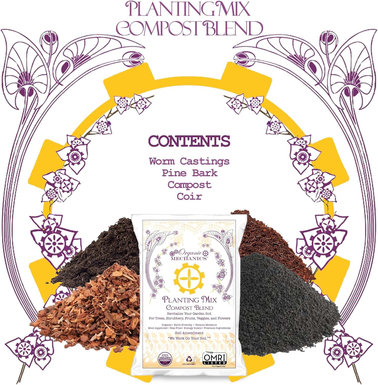 Organic Mechanics Planting Mix Compost Blend, 1 Cu Ft - Revitalizes Garden Soil with Compost, Pine Bark, Coconut Coir, and Worm Castings for Raised Beds, Gardens & More - Peat-Free & Eco-Friendly