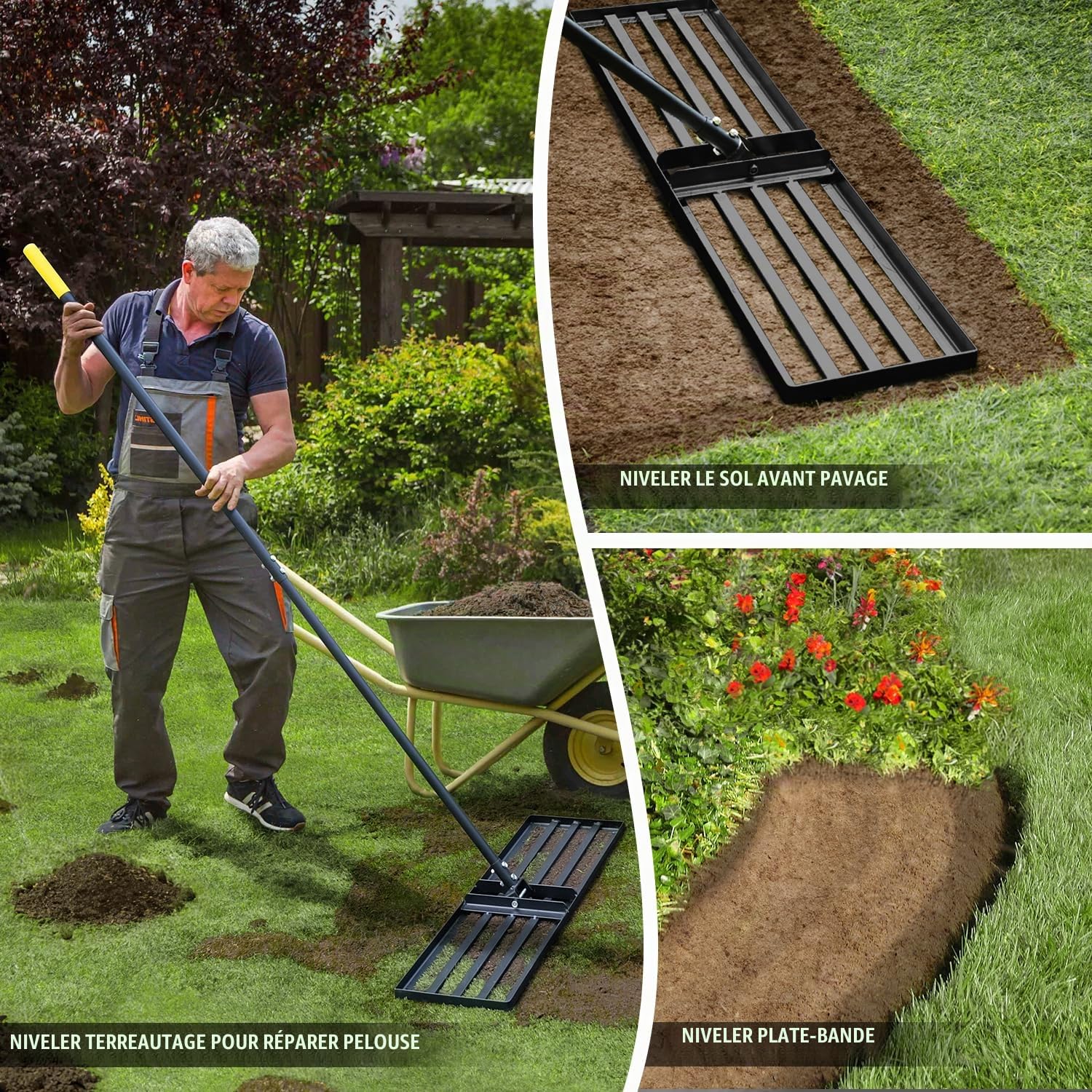 Jardineer Râteau de nivellement de pelouse robuste de 91,4 cm, manche de 183 cm de long pour gazon et sol, outil de nivellement de terre pour pelouse, jardin, entretien de terrain de golf