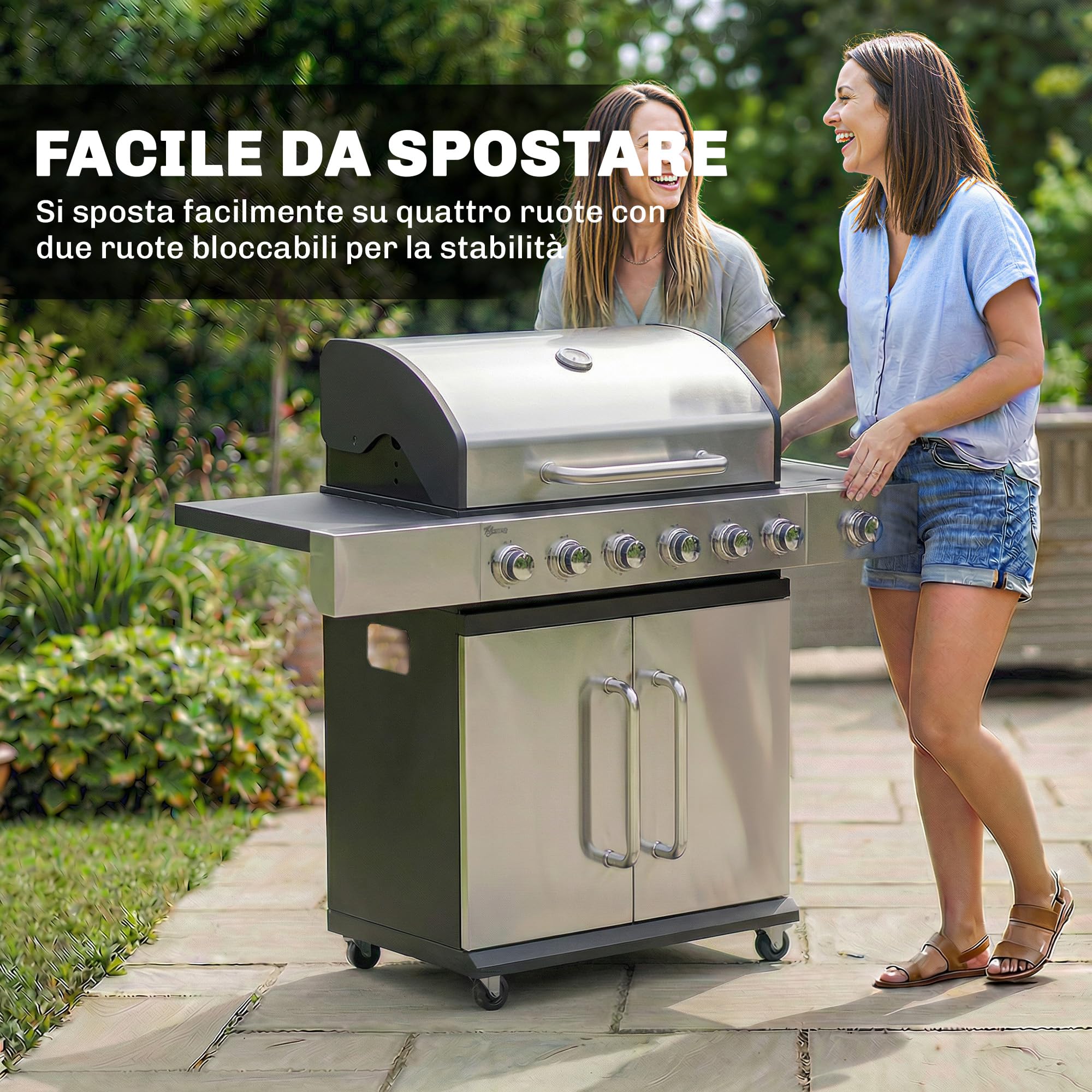 Outsunny Barbecue a Gas con 6+1 Bruciatori da 18.6 KW, BBQ a Gas Propano Portatile con Griglia, Ripiani, Coperchio, Termometro, Ruote, per Giardino Esterno, Nero Argento
