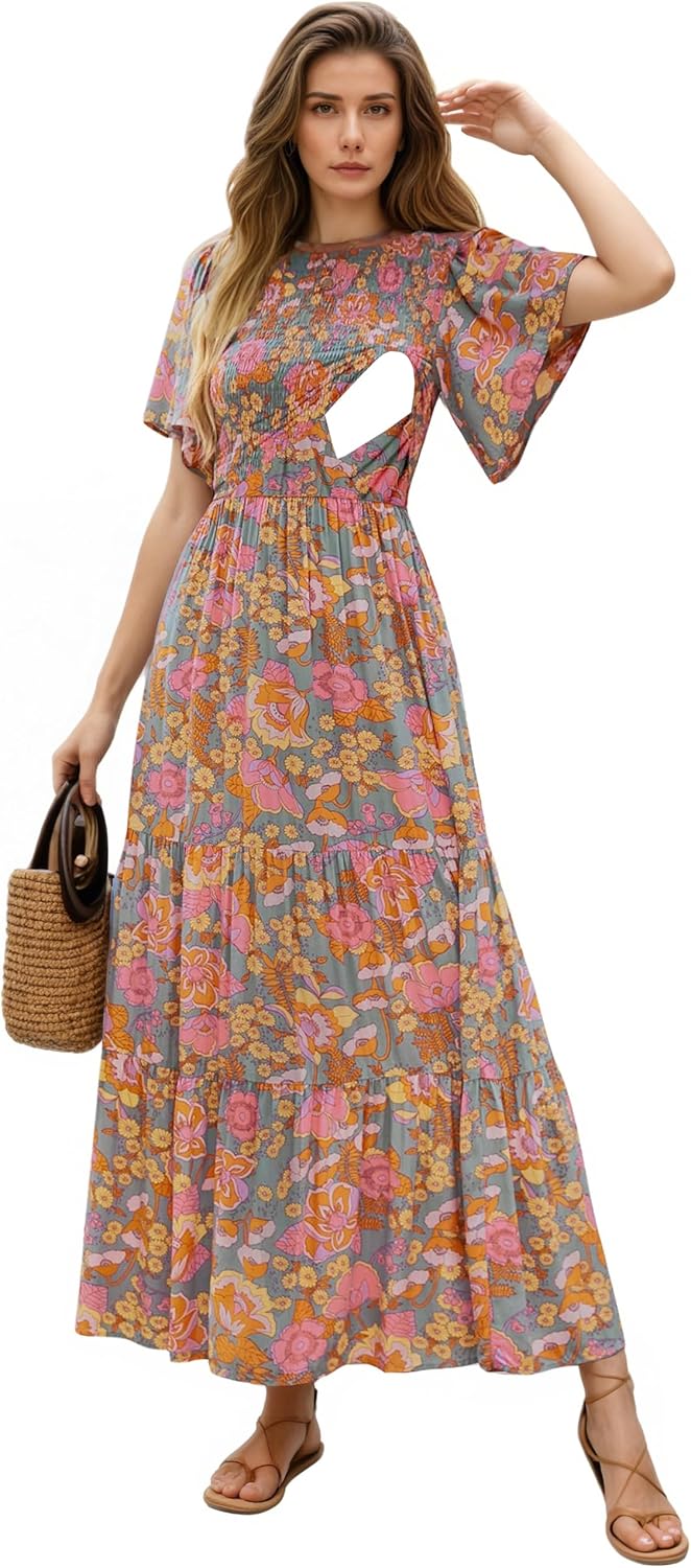 Womens Nursing Dress Summer Floral Print Short Flutter Sleeve Crew Neck Smocked High Waist Flowy Maxi with Pockets