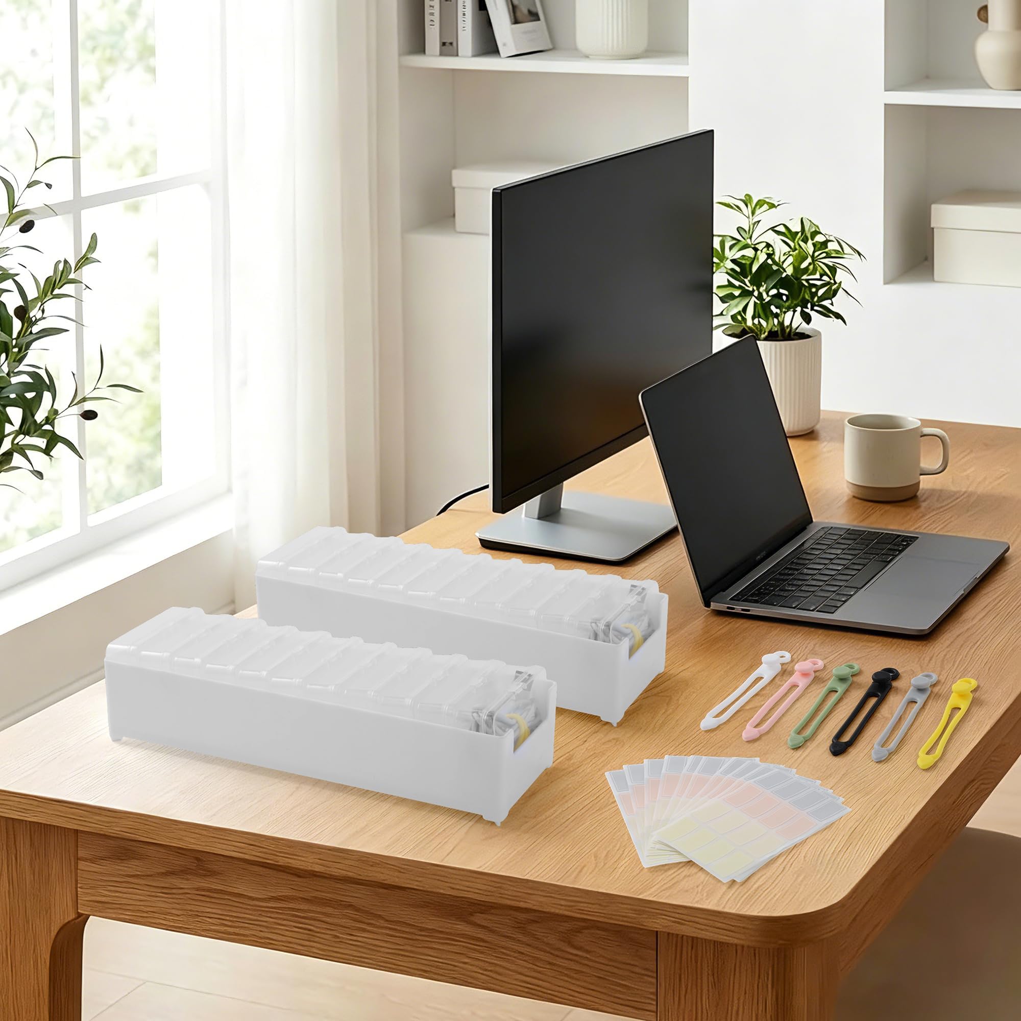 Confezione da 2 organizer per cavi con fascette metalliche, organizer per caricabatterie da scrivania, organizer per caricabatterie con custodie trasparenti adesivi per ufficio e casa