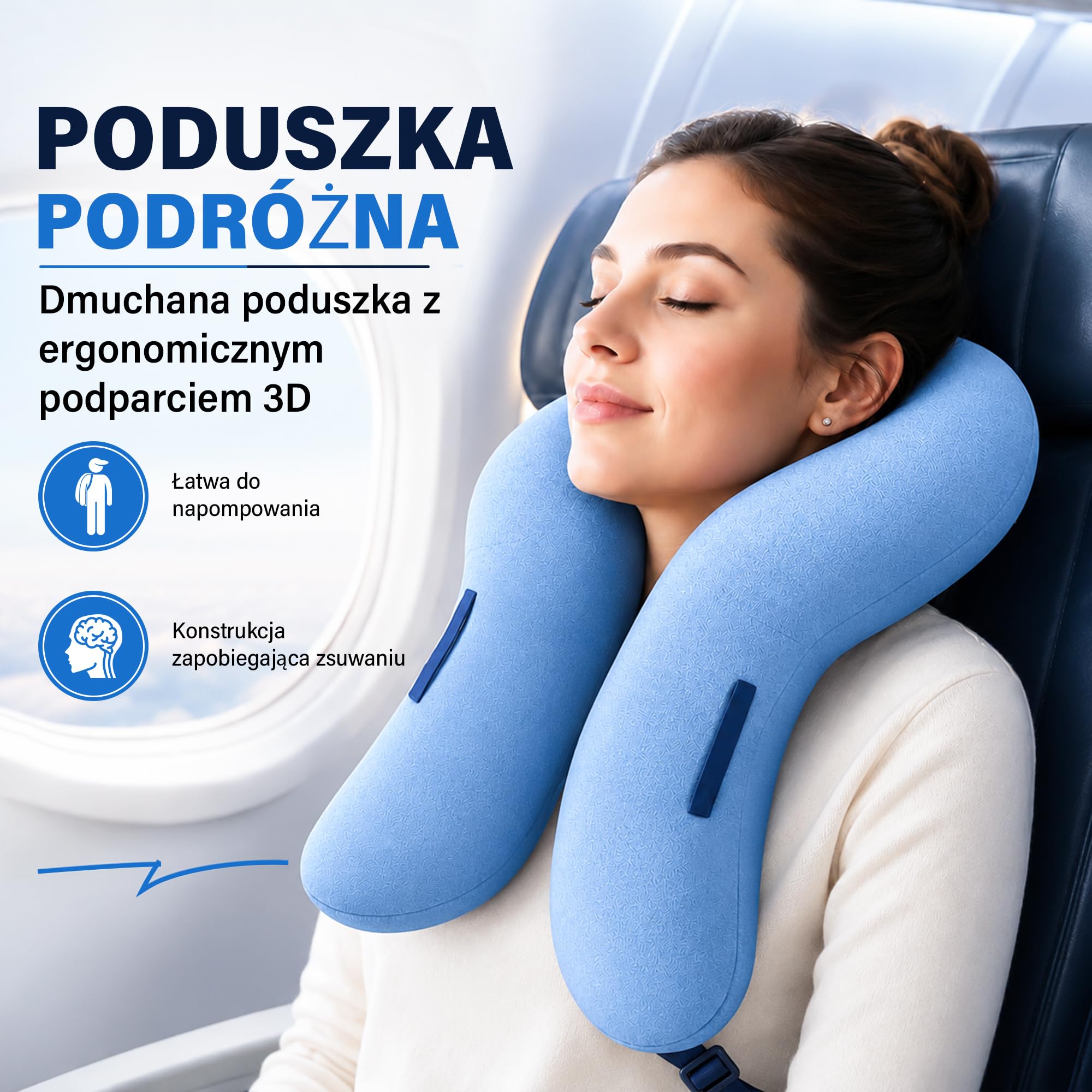 Poduszka podróżna, nadmuchiwana poduszka z podparciem szyjki macicy 3D, oddychająca i kompaktowa poduszka powietrzna, konstrukcja zapobiegająca opadaniu głowy, łatwa do