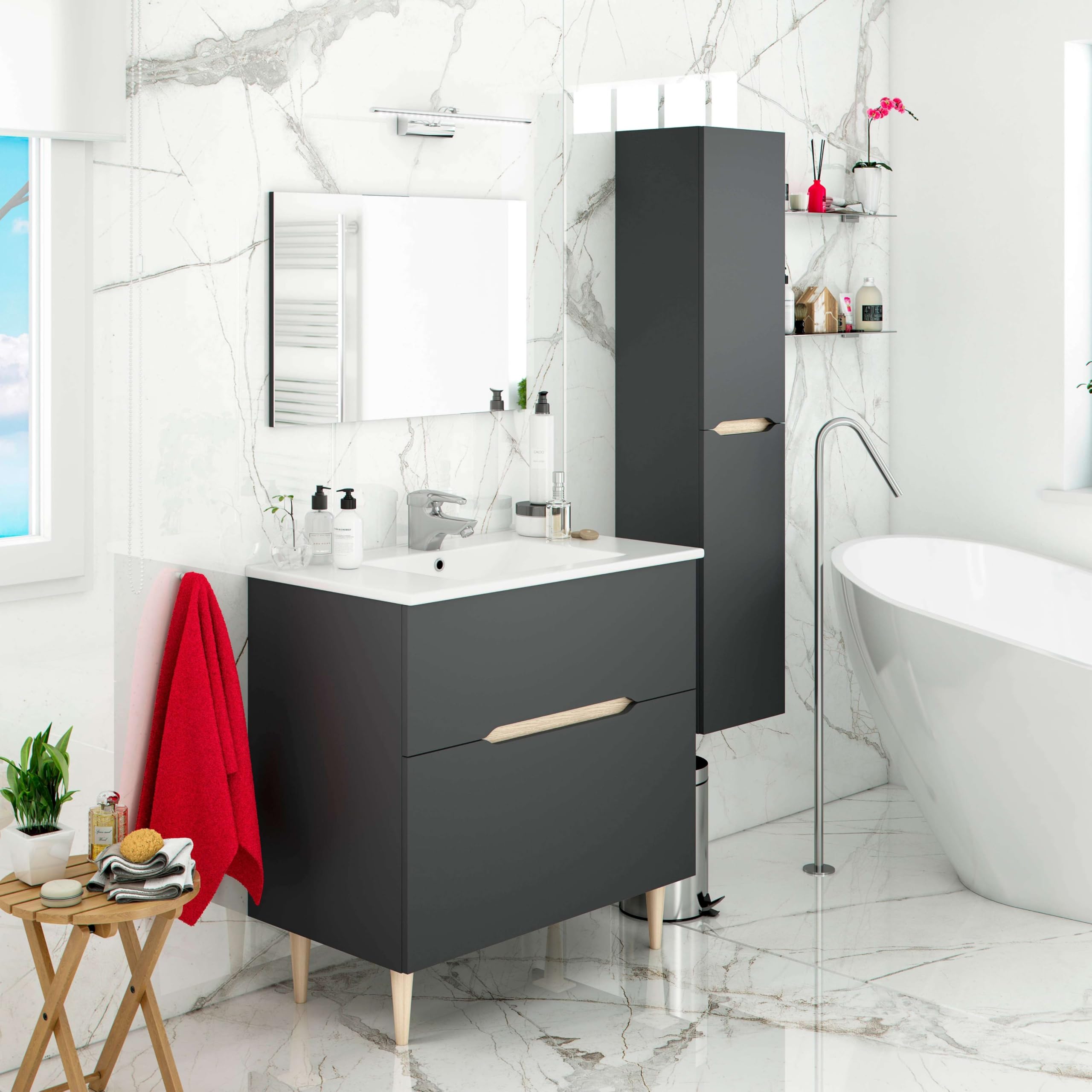 Miroytengo Conjunto de Muebles de Baño Moderno Lotto Color Gris Antracita y Roble (Espejo+Lavabo+Columna suspendida)