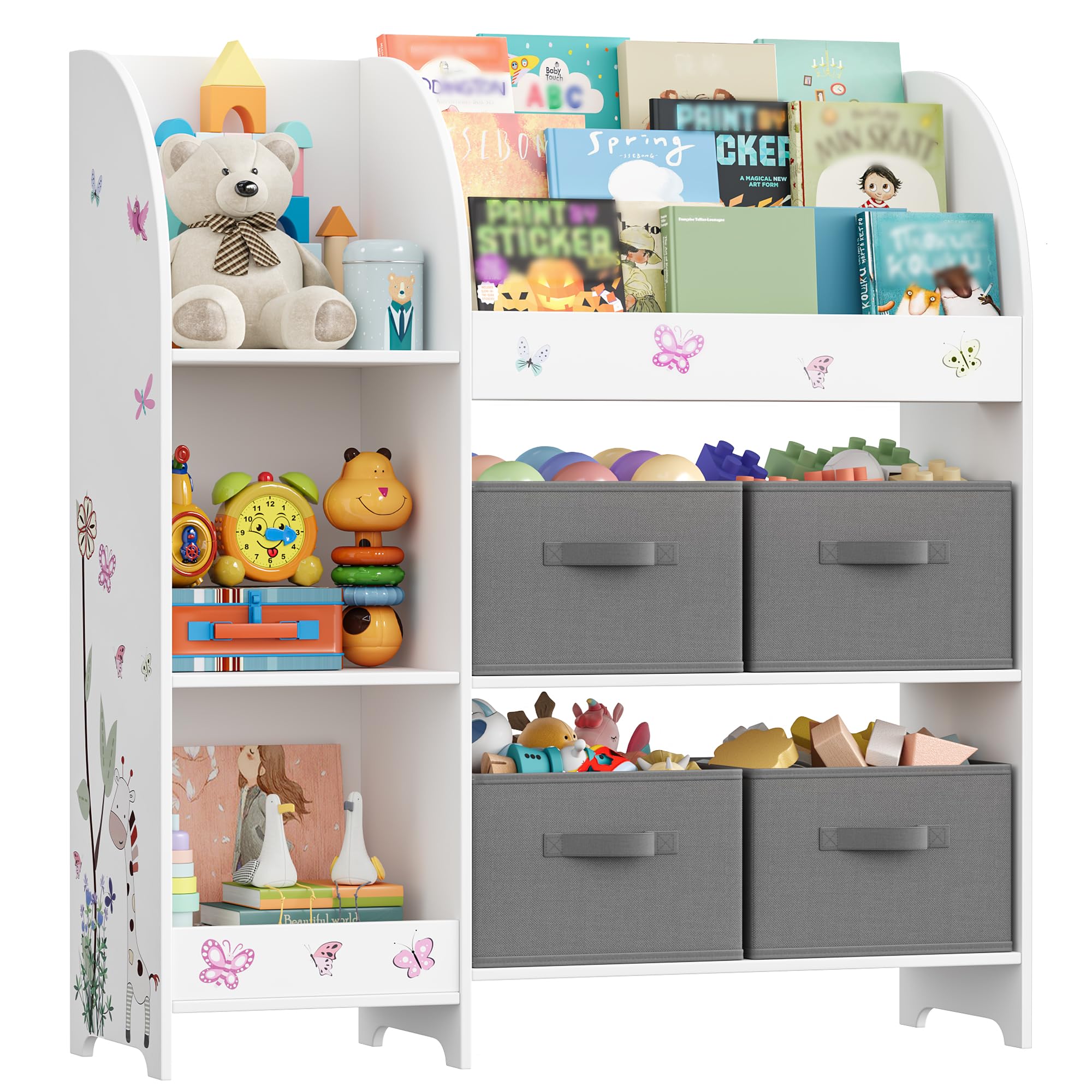 HOCSOK Estantería para Juguetes, Estanterias Almacenaje de Juguetes con 4 Cajones de Tela Extraíbles, Organizador de Juguetes y Libros para Niños, Blanco 92.2 x 100.2 x 30