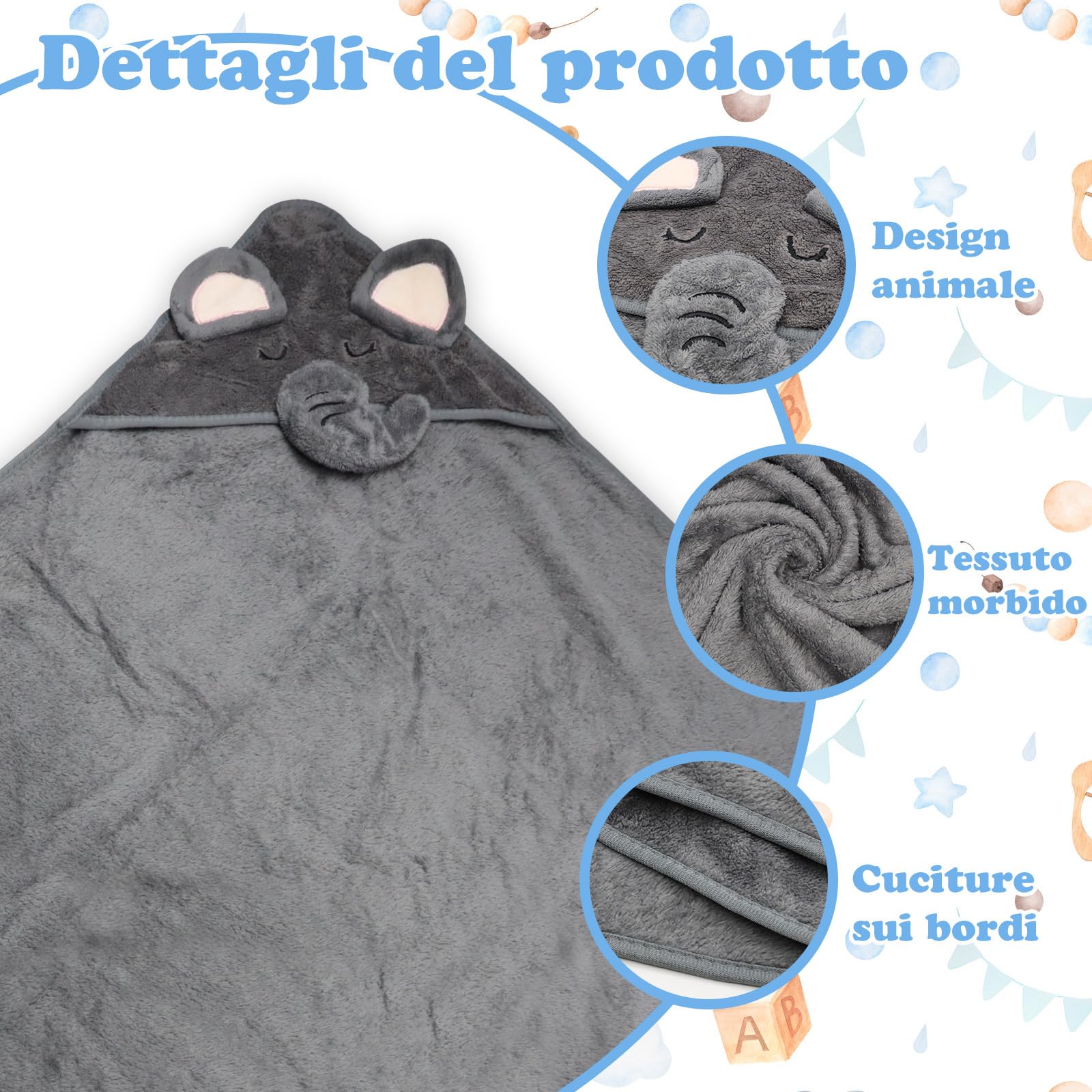 Accappatoio Neonato Elefante Grigio 0-3 Mesi + Borsa per Bucato, Asciugamano con Cappuccio Neonato Antistatico Asciugamano Neonato Bagnetto Morbido e Super Assorbente