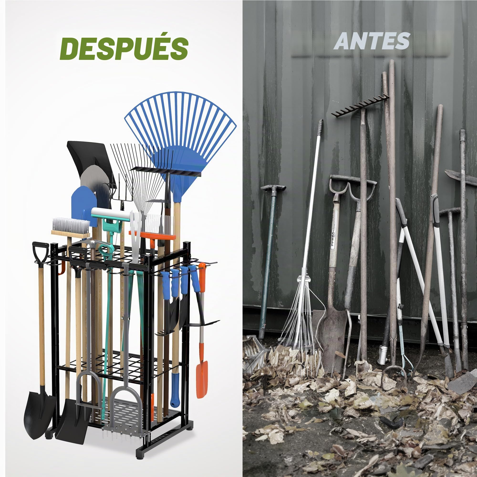 Organizador de herramientas de jardín de hasta 50 herramientas, organizador de herramientas de acero resistente para guardar en el garaje con 11 ganchos, soporte para escoba y estante de herramientas