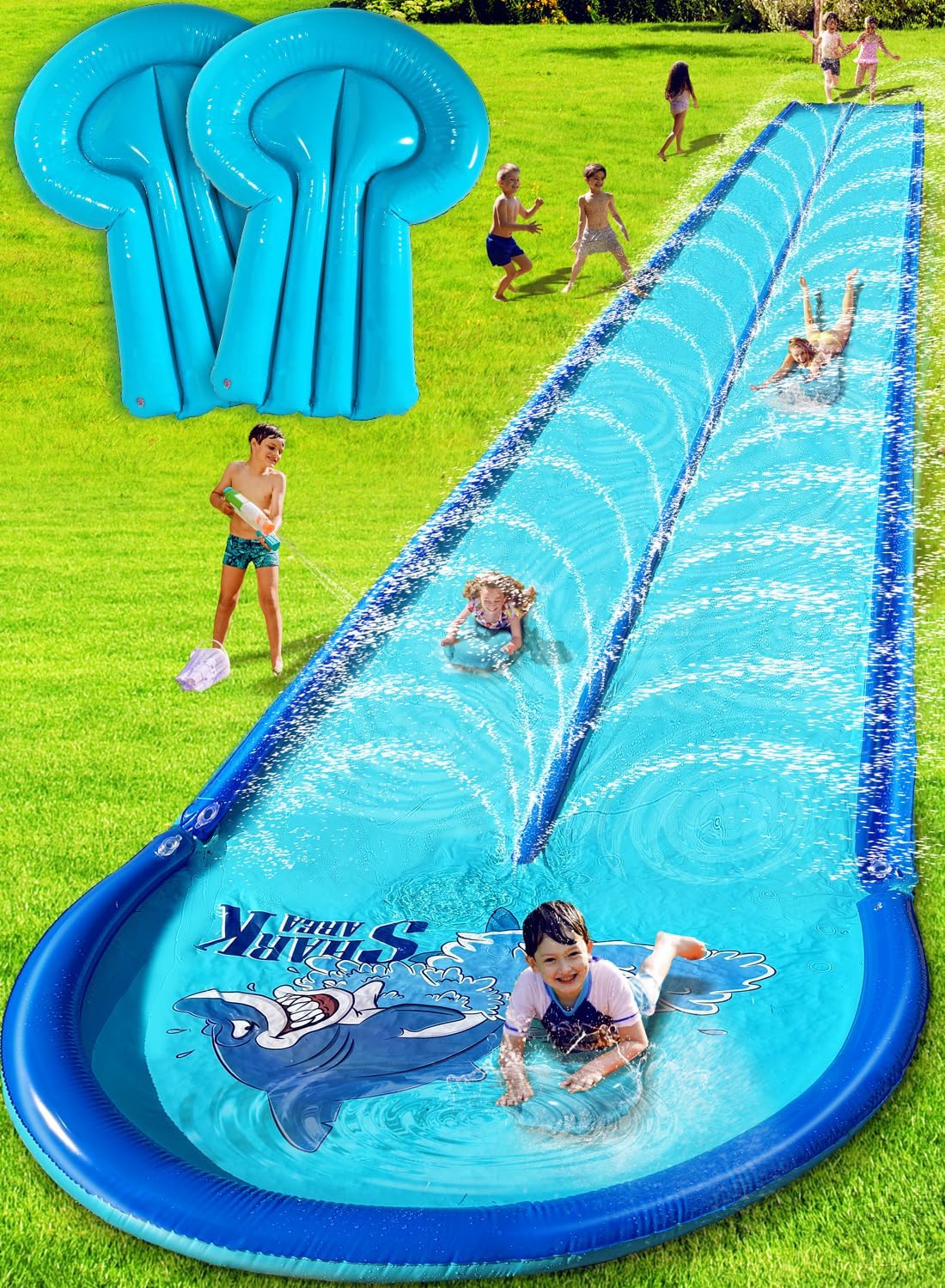 Slip and Water Slide for Kids and Adults Backyard 26ft with Extra-Large Inflatable Guard Rails and Dual Way Water Sprayers,Heavy Duty and Extra Long Design with Two Inflatable Bodyboards. 26ft-Double Lane