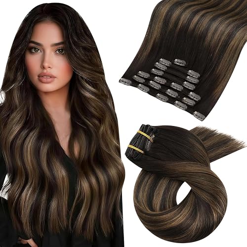 Moresoo Clip in Hair Extensions Dark Brown to Chestnut Full Head 16 inch | Human hair extensions clip ins, rich chestnut brunette balayage, 120g 7pcs, full-head coverage for balanced everyday fullness