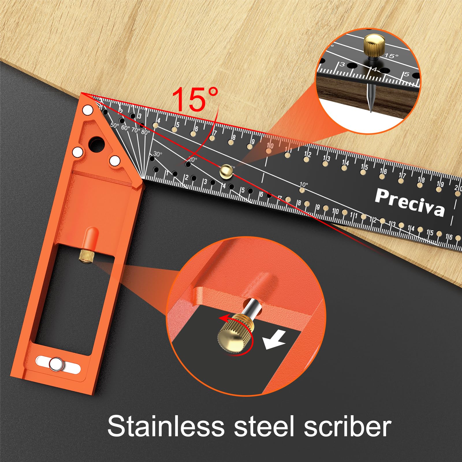 Carpenter Square Tool, Preciva T-Squares 16Inch/400mm, Stainless Steel Angle Ruler - Image 3