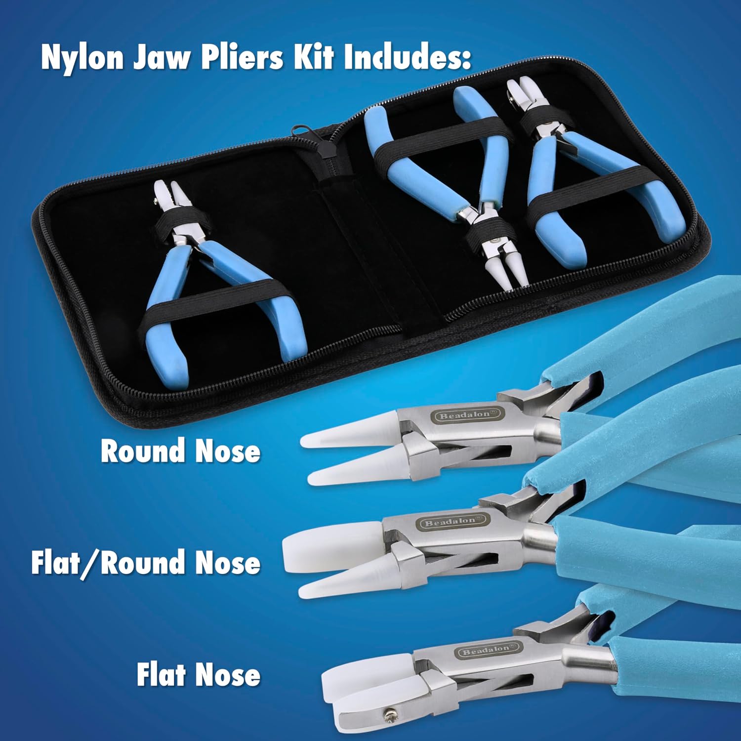 Beadalon Designer Series Nylon Jaw Pliers Kit, Pacific Blue Vinyl-Free Grips, Stainless Steel, Flat Nose, Round Nose, Flat/Round, Tool Size 5.25 in, 3 pc with Zip Pouch
