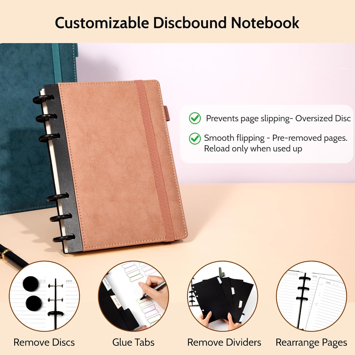 Yoment Refillable Notebooks for Work 5 Subject with Removable Dividers Tabs 224 Pages Hardcover Leather Journals for Writing Small Discbound Planner Colleged Ruled Paper for Women Men 6.1 x 8.3,Pink