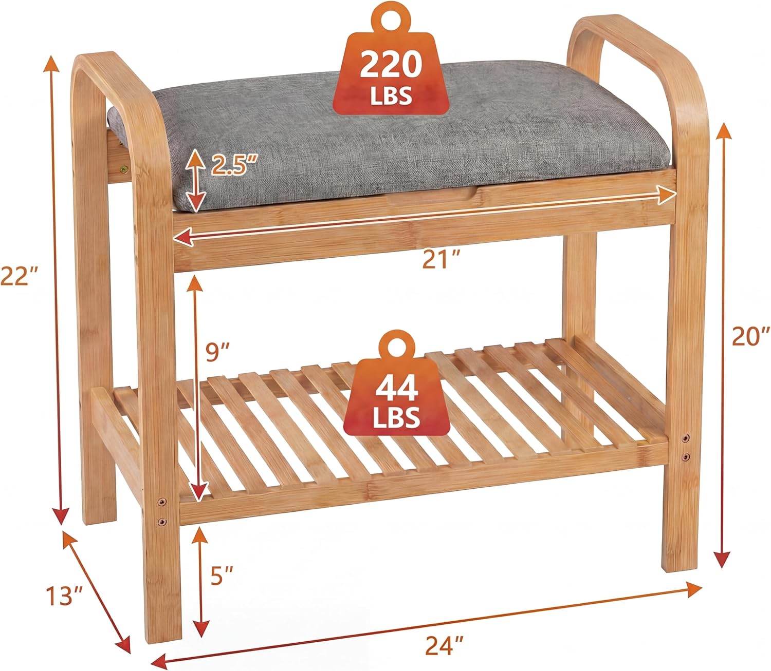 LOKO 2-Tier Bamboo Shoe Rack Bench, Small Entryway Bench with Fabric Upholstered Seat Cushion, Flip-up Hidden Compartment, Storage Organizer for Entryway, Living Room, Bedroom, Hallway, 24” x 13” x 22