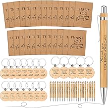 Tinlade 60 Pcs Thank You Gift Bulk Pocket Kraft Notebook Employee Appreciation Gift Retractable Bamboo Pen Inspirational Keychain Housekeeping Week Gift for Teacher Nurse Student Team(Thank)