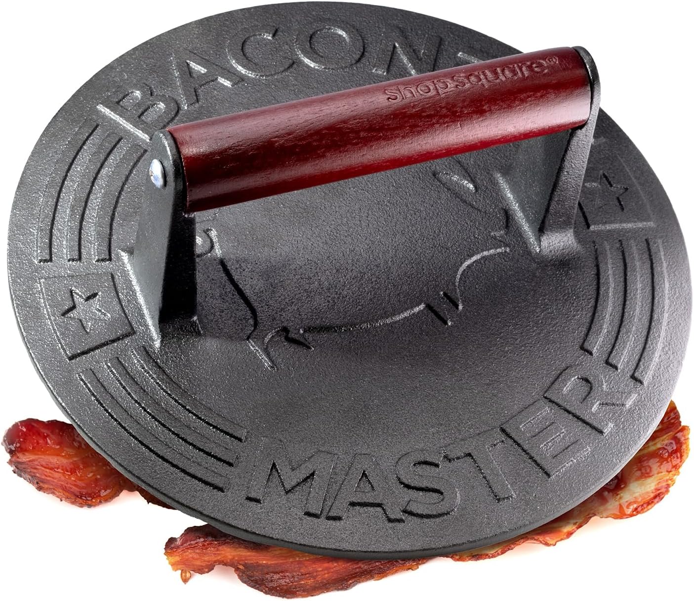 Bacon Master Cast Iron Bacon Press - 8.5-Inch Round Cast Iron Grill Press for Bacon, Burgers and Sandwiches - Bacon Weight with Wood Handle - Food-Grade Meat Press, 3 lbs