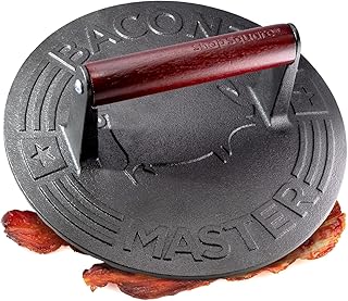 Bacon Master Cast Iron Bacon Press - 8.5-Inch Round Cast Iron Grill Press, Burger Press, Smasher for Burgers and Sandwiches, Wood Handle, 3 lbs