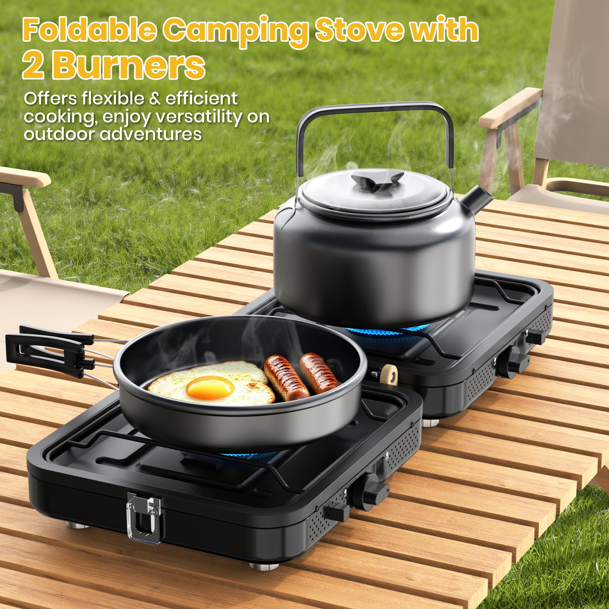 Fornello da campeggio a 2 fuochi 20000 BTU, fornello pieghevole a propano con borsa per il trasporto | Bruciatori regolabili ad alto calore e accensione istantanea piezoelettrico, accessori essenziali per barbecue e campeggio