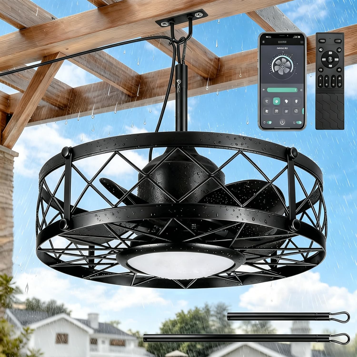 Outdoor Ceiling Fans with Light,Waterproof Caged Gazebo Fan Lamp,Black 20"