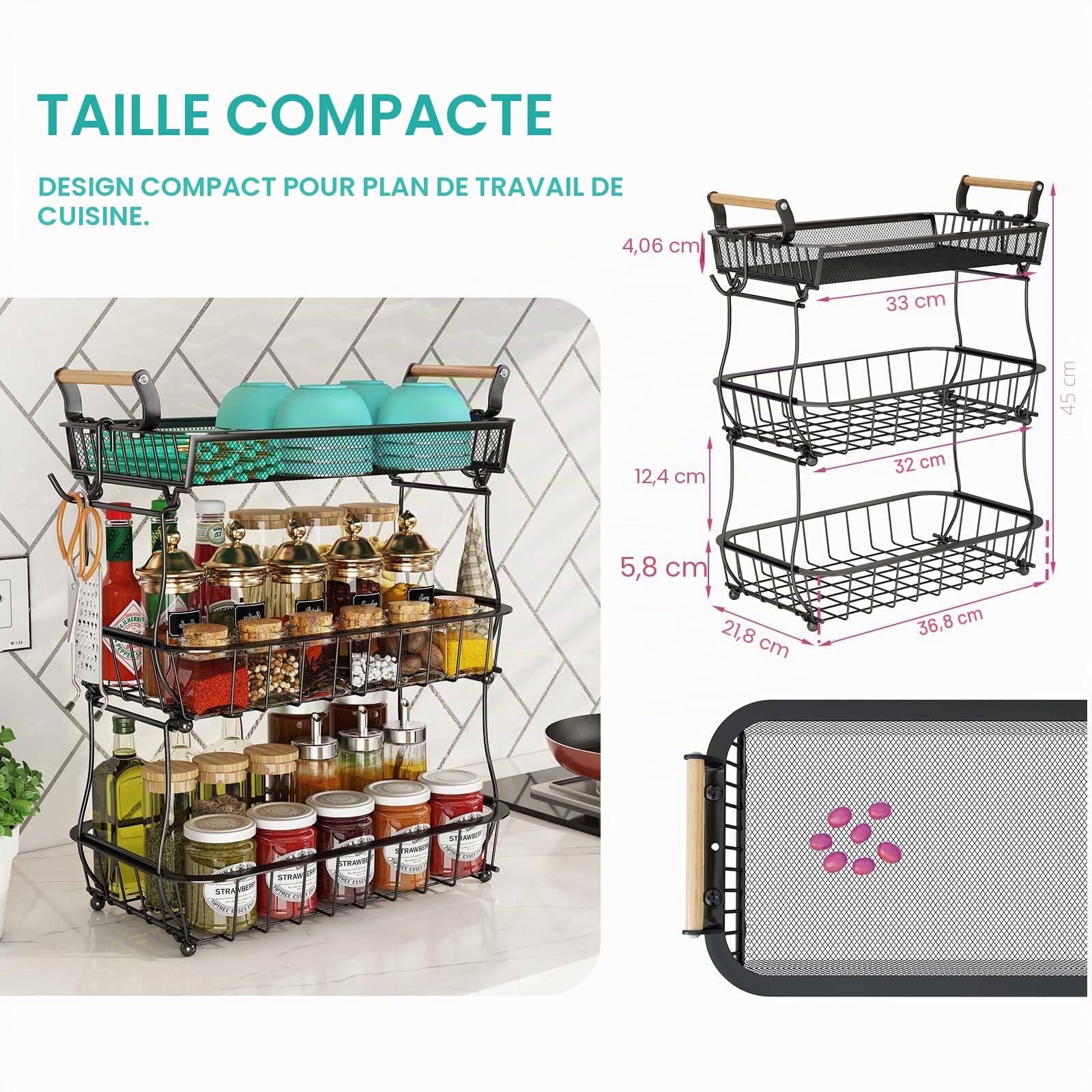 Corbeille à fruits à 3 niveaux avec 2 cintres bananes pour comptoir de cuisine, comptoir de légumes, support de rangement en fil métallique de grande capacité pour oignons, collation, noir