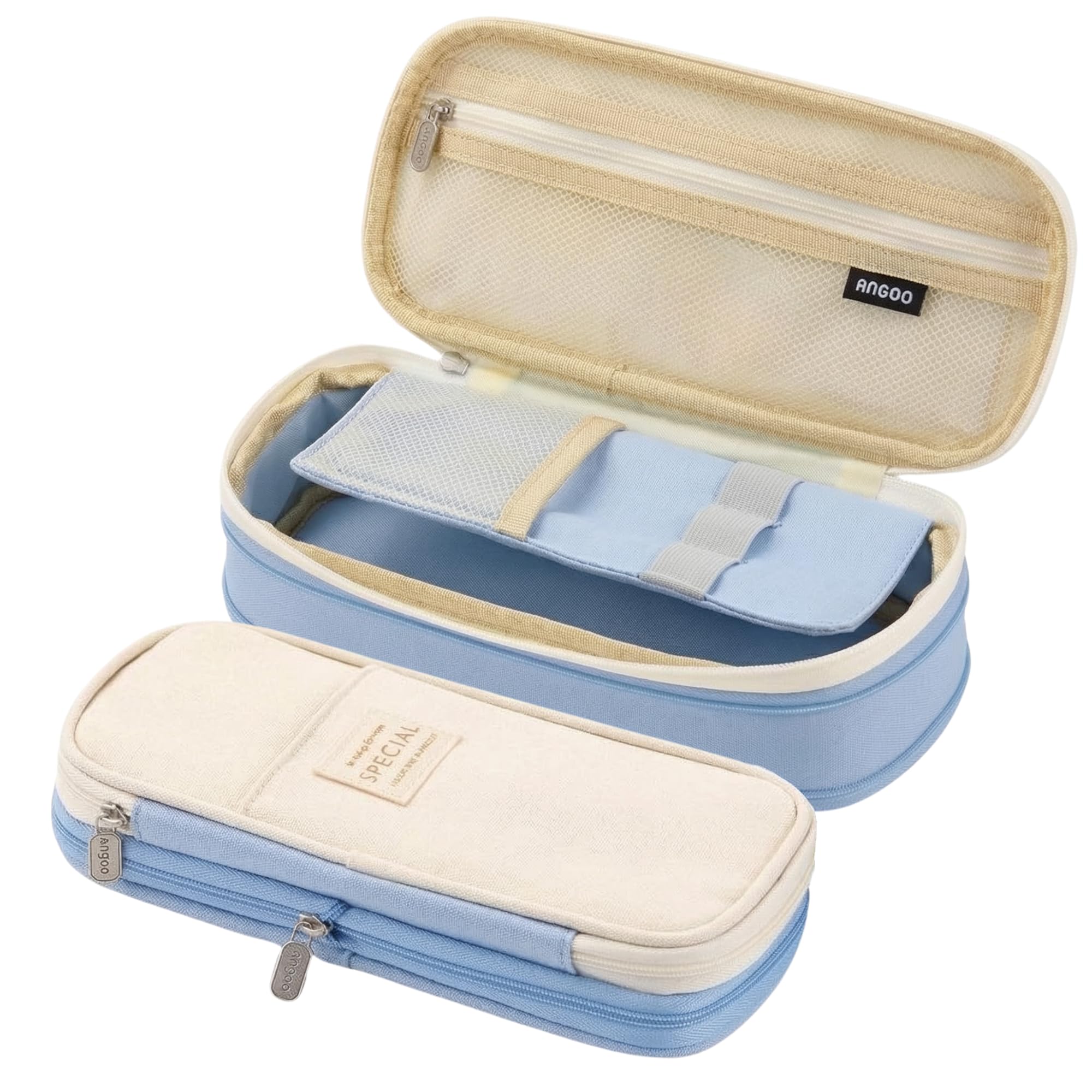 Large Pencil Case Stationery Items for Girls and Boys, Canvas Bags Pen Pencil Pouch for School College and Office, Organize Makeup Cosmetic, Aesthetic Cute Stationary Box (Light Blue)-image-32