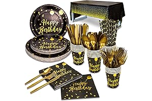 25-Guest Gold Birthday Party Supplies: Plates, Napkins, Cups, Cutlery