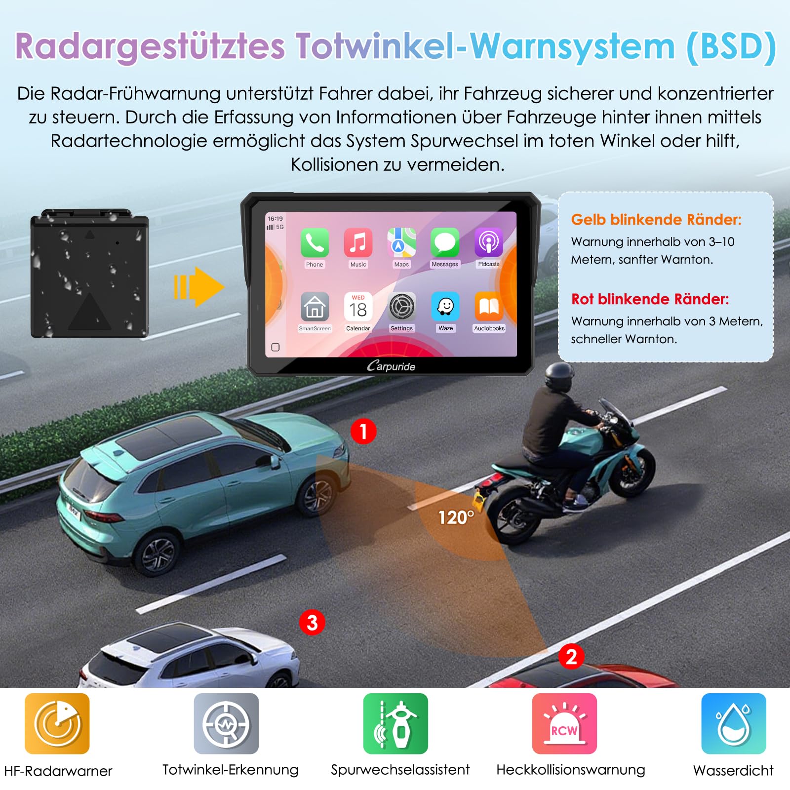 CARPURIDE W702RS Pro Motorrad Carplay Bildschirm mit Radar BSD und BM05 Halterung, Wireless CarPlay & Android Auto, 7 Zoll wasserdichter Touchscreen, Gegensprechfunktion, Dual Bluetooth