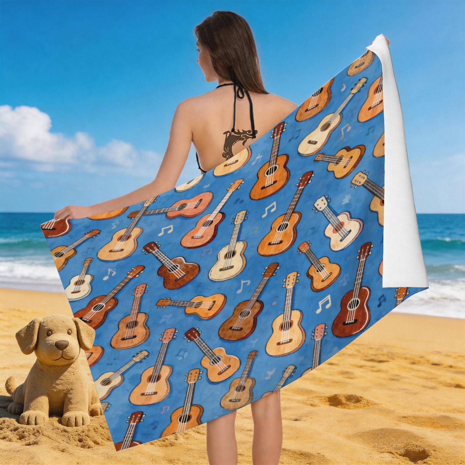Leichong 3D Cartoon Guitar Beach Towel Large Microfiber Soft Quick Dry for Adults, Music Theme Bath Towel Lightweight Soft Absorbent for Travel Swimming Pool Sports, 80 x 160 cm
