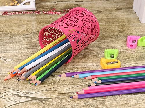 Miniatura 5 de yueton Organizador de metal con diseño de flores de rosas huecas para lápices, organizador de contenedores de escritorio (rosa claro)