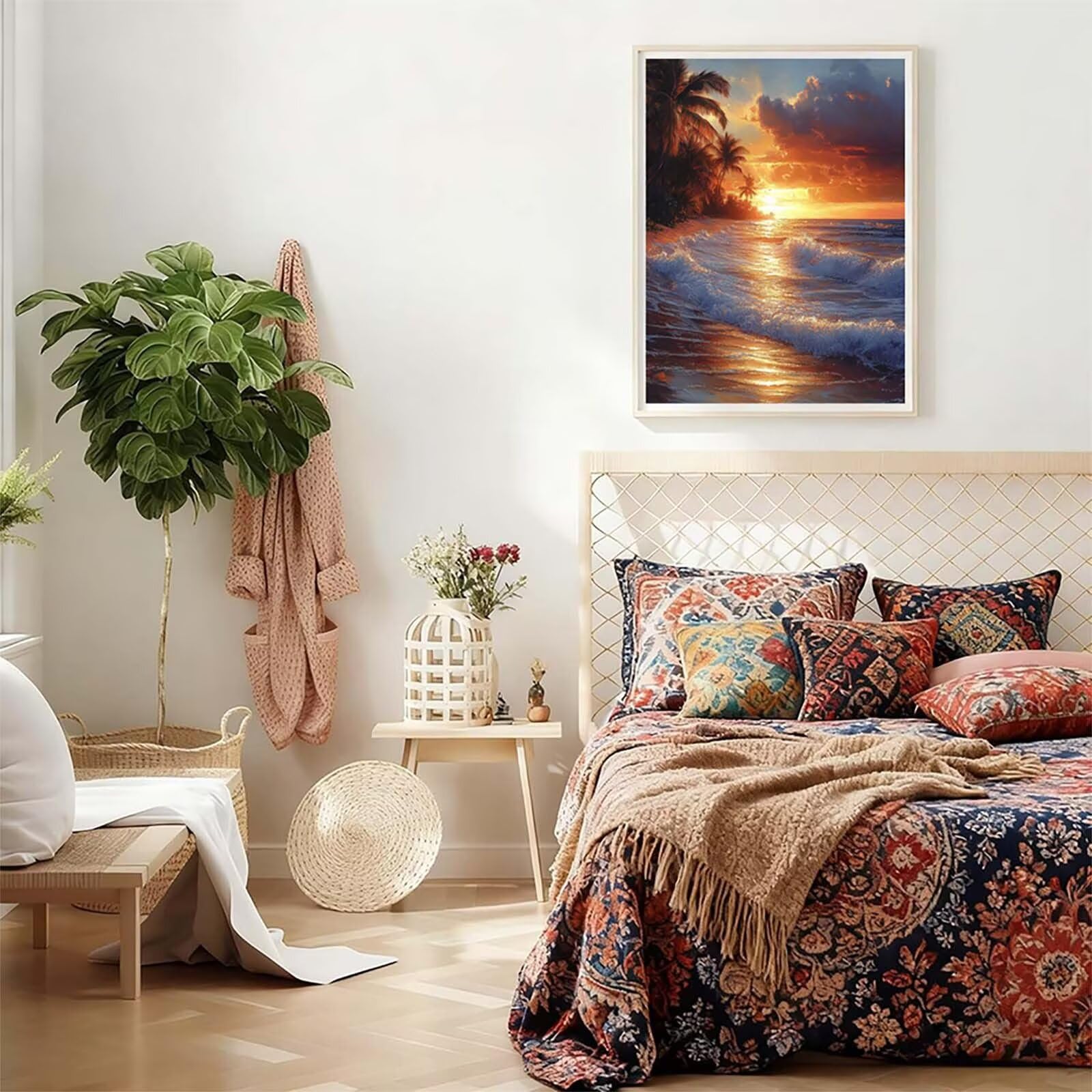 Sonnenuntergang Malen Nach Zahlen Erwachsene mit Rahmen, Malen Nach Zahlen Landschaft, DIY Bastelset Erwachsene, Handgemalt Ölgemälde Kit mit Pinseln und Acrylfarbe, Deko Wohnzimmer 90x120cm E-2532