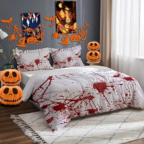 Miniatura 3 de Juego de ropa de cama de 3 piezas con estampado de sangre de terror, juego de funda de edredón de decoración de Halloween sangriento, microfibra