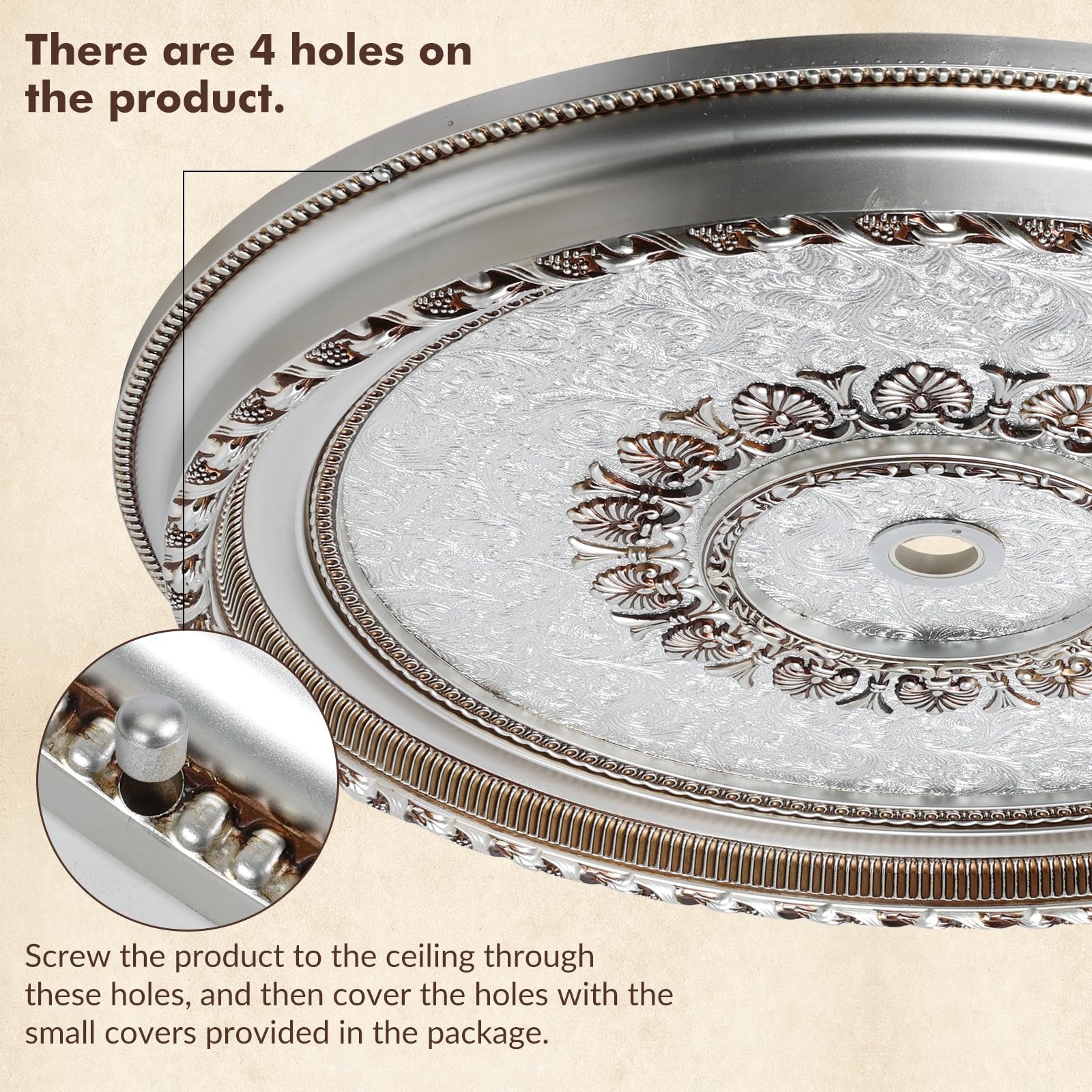 Large Ceiling Medallion, 31.5 Inch, Silver and Gold, Floral Embossed, for Light Fixtures and Chandeliers — Amazon image 7