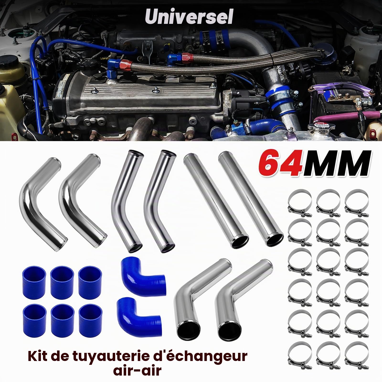 maXpeedingrods Kit de tuyauterie de 2.5 pouces universel | pour refroidisseur intermédiaire Turbo en aluminium et tuyau en silicone bleu, kit intercooler