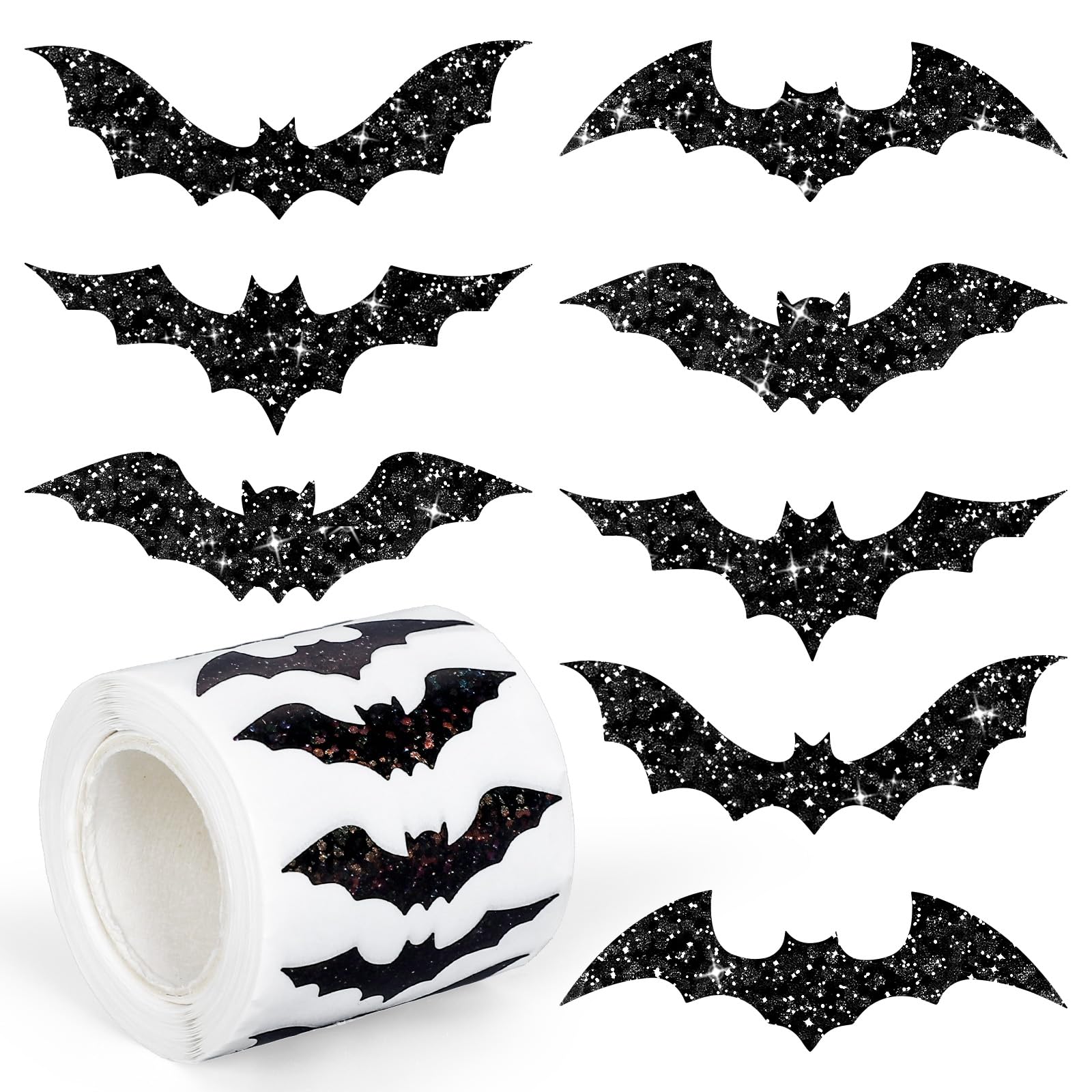 Whaline Halloween Bats Stickers Roll Laser Black Bats Shape Waterproof Decals 5 Designs Sparkly Self-Adhesive Stickers for Halloween Party Envelope Scrapbook Decor, 500Pcs
