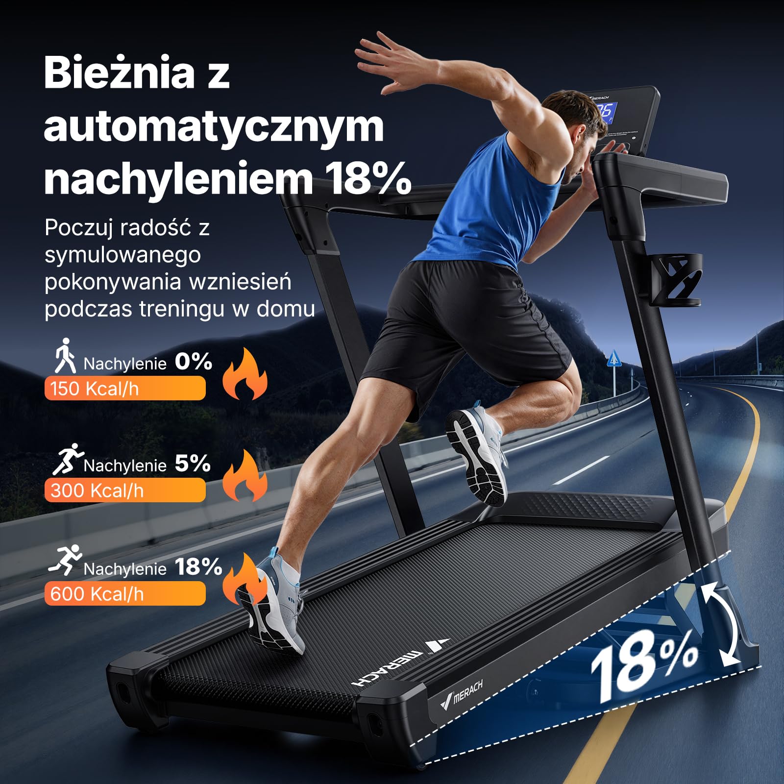 MERACH Bieżnia do domu z nachyleniem, automatyczne nachylenie 18%, 1-14 km/h, składana, 3,5 HP Walking Pad, Treadmill for Home Max 159 kg, 46 x 120 cm, aplikacja do biegania z 12 programami