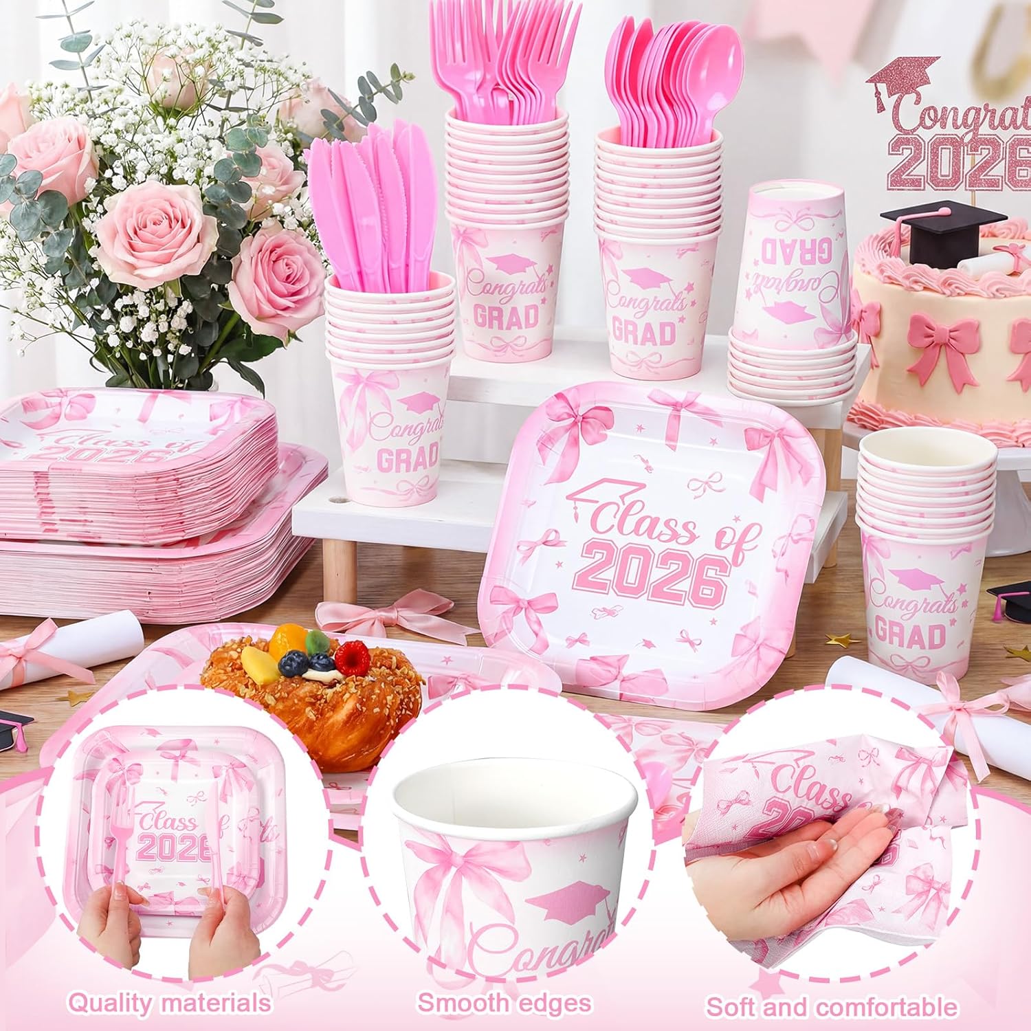 350 Pcs Pink Bow Graduation Party Supplies for Girls, Class of 2026 Disposable Paper Plates and Napkins Tableware Set Serve 50 Guests, Congrats Grad Dinnerware Paper Plates Napkins Utensils