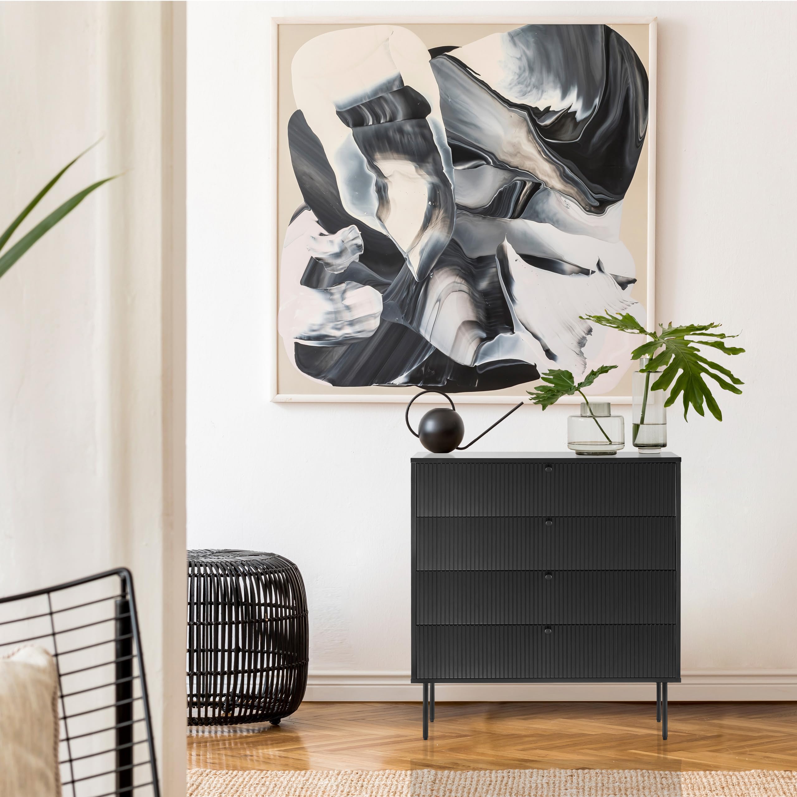 Kommode mit 4 Schubladen KARBY K 90x40x95 cm, Schubladenschrank im Industrial-Stil, viel Stauraum, Schwarz