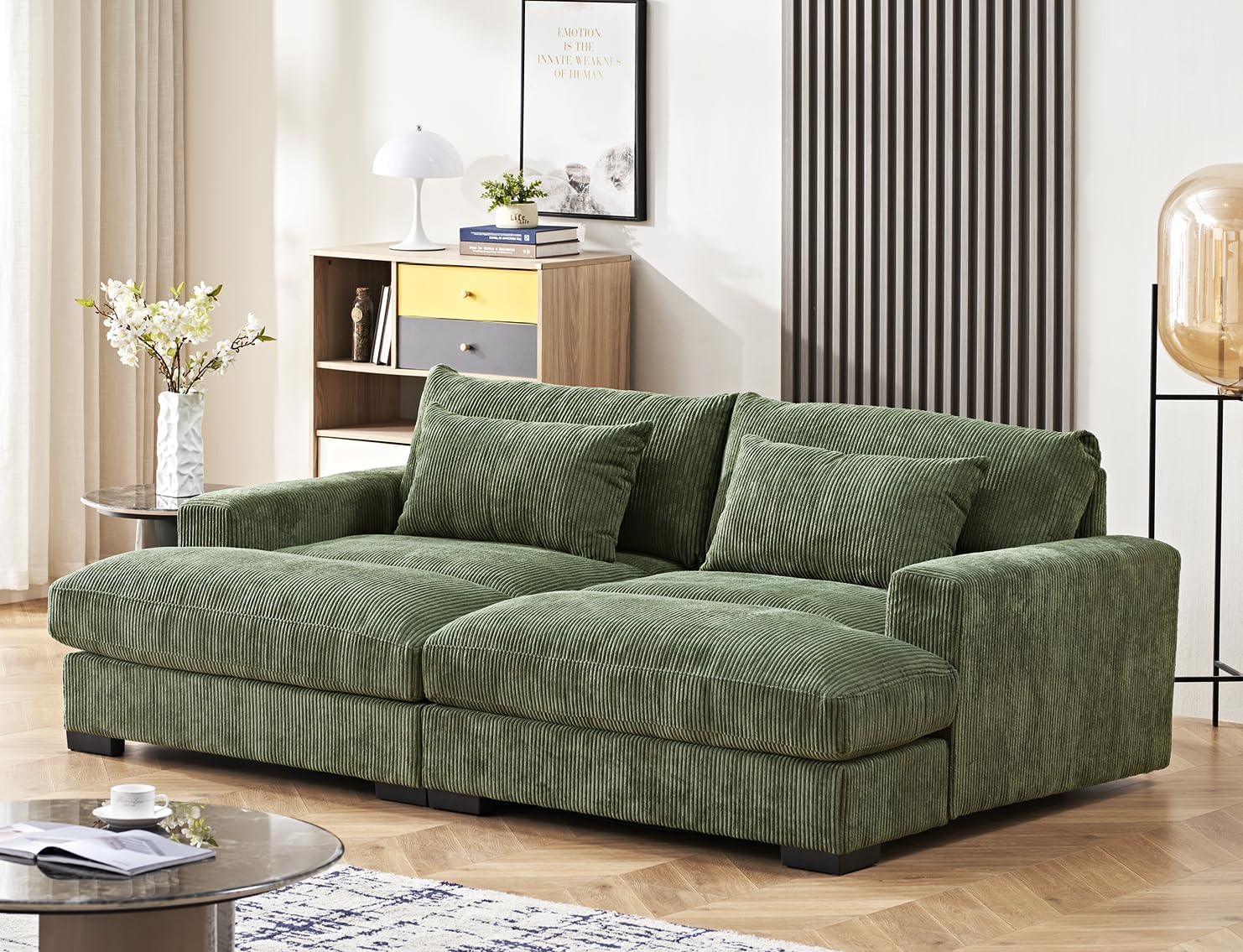 Luxe Sleeper Sofa with Soft Corduroy Upholstery, Double Chaise Design, Convertible to Twin Size Bed, Modern and Comfortable Living Room Couch, 89.9" Wide, Green
