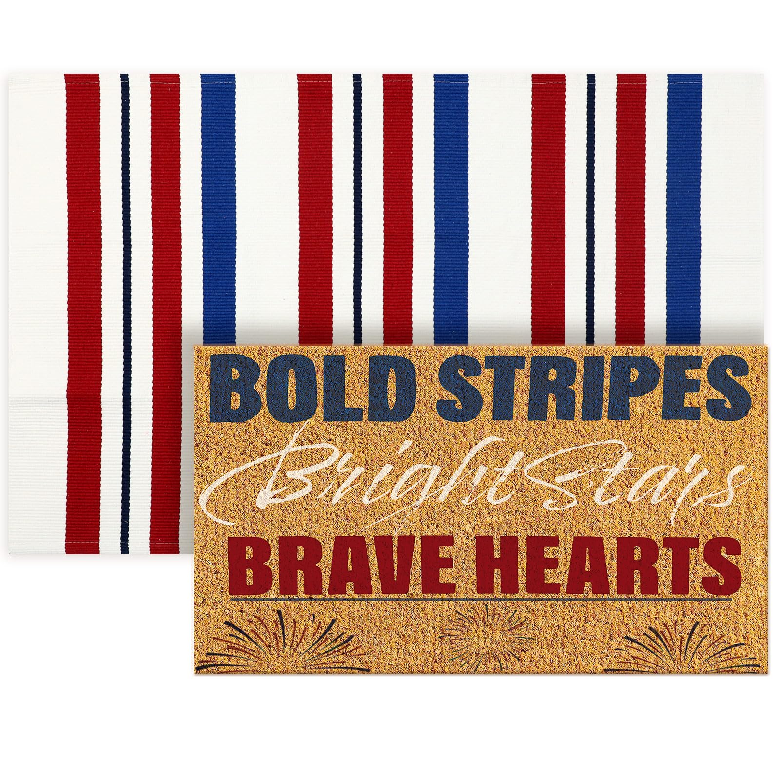 Duraaamo 2 Pcs 4th of July Natural Coir Door Mat Outdoor Red Blue White Welcome Rug Patriotic Mat Non-Slip Independence Day 4th July Indoor Entrance