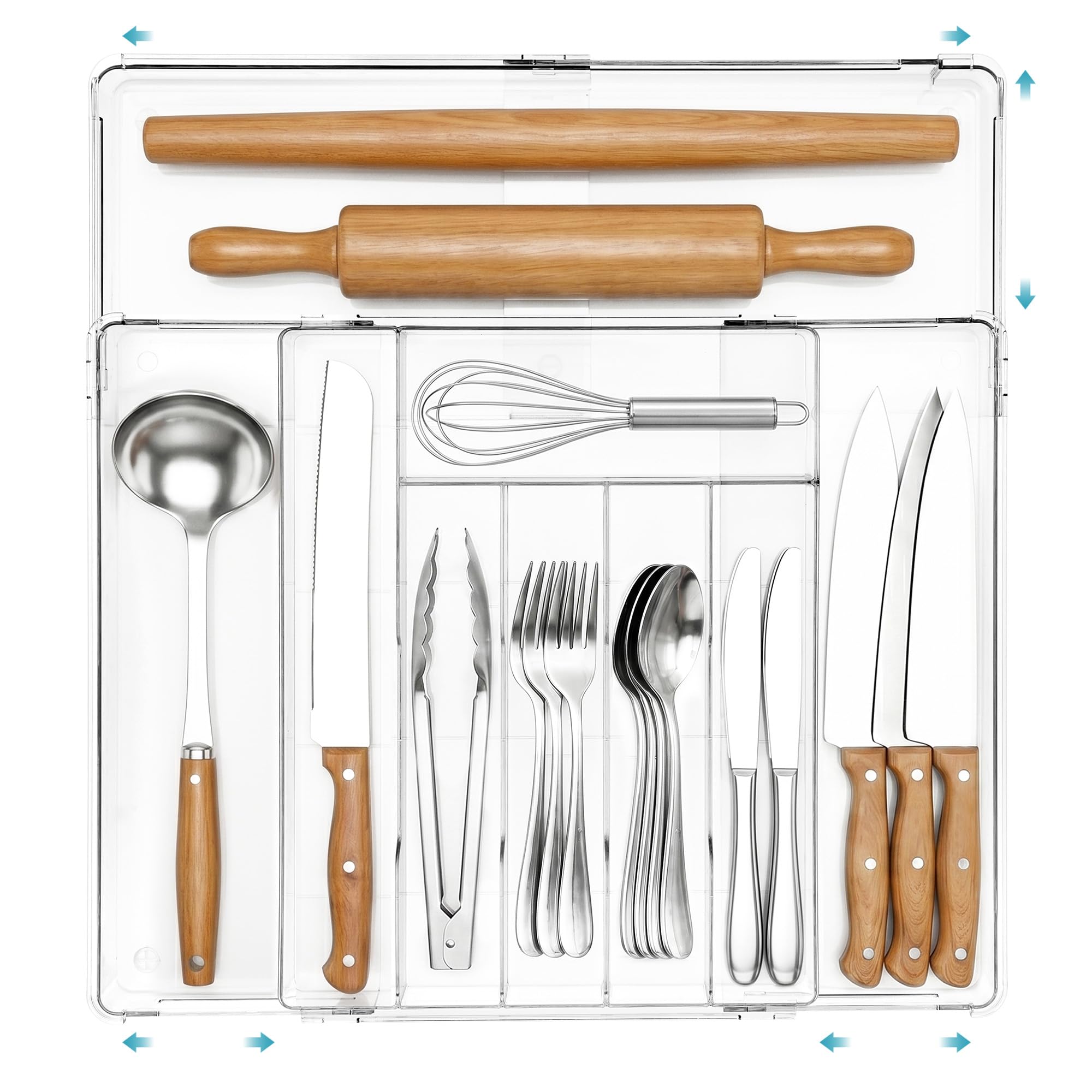 Vtopmart Range Couverts pour Tiroir, 6-9 Compartiments Range Cuisine Extensible pour Ustensiles, Plastique Rangement Couvert pour Cuillères, Fourchettes, Couteaux, Transparent
