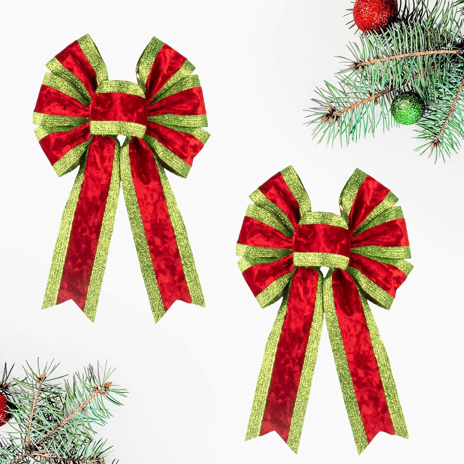 2 PCS Christmas Bow for Wreath, Red Velvet & Glitter Green Stripe Decor Bow for Wreath, Wired Craft Bows for New Year Party Christmas Tree Topper Decor Home Indoor Outdoor Ornament Supplies