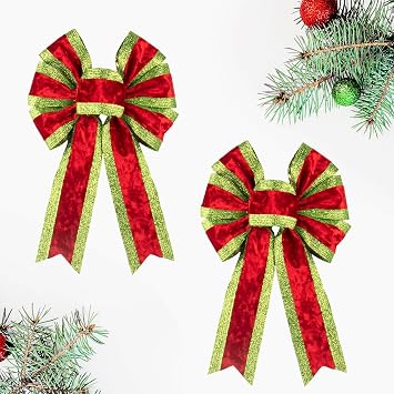 2 PCS Christmas Bow for Wreath, Red Velvet & Glitter Green Stripe Decor Bow for Wreath, Wired Craft Bows for New Year Party Christmas Tree Topper Decor Home Indoor Outdoor Ornament Supplies