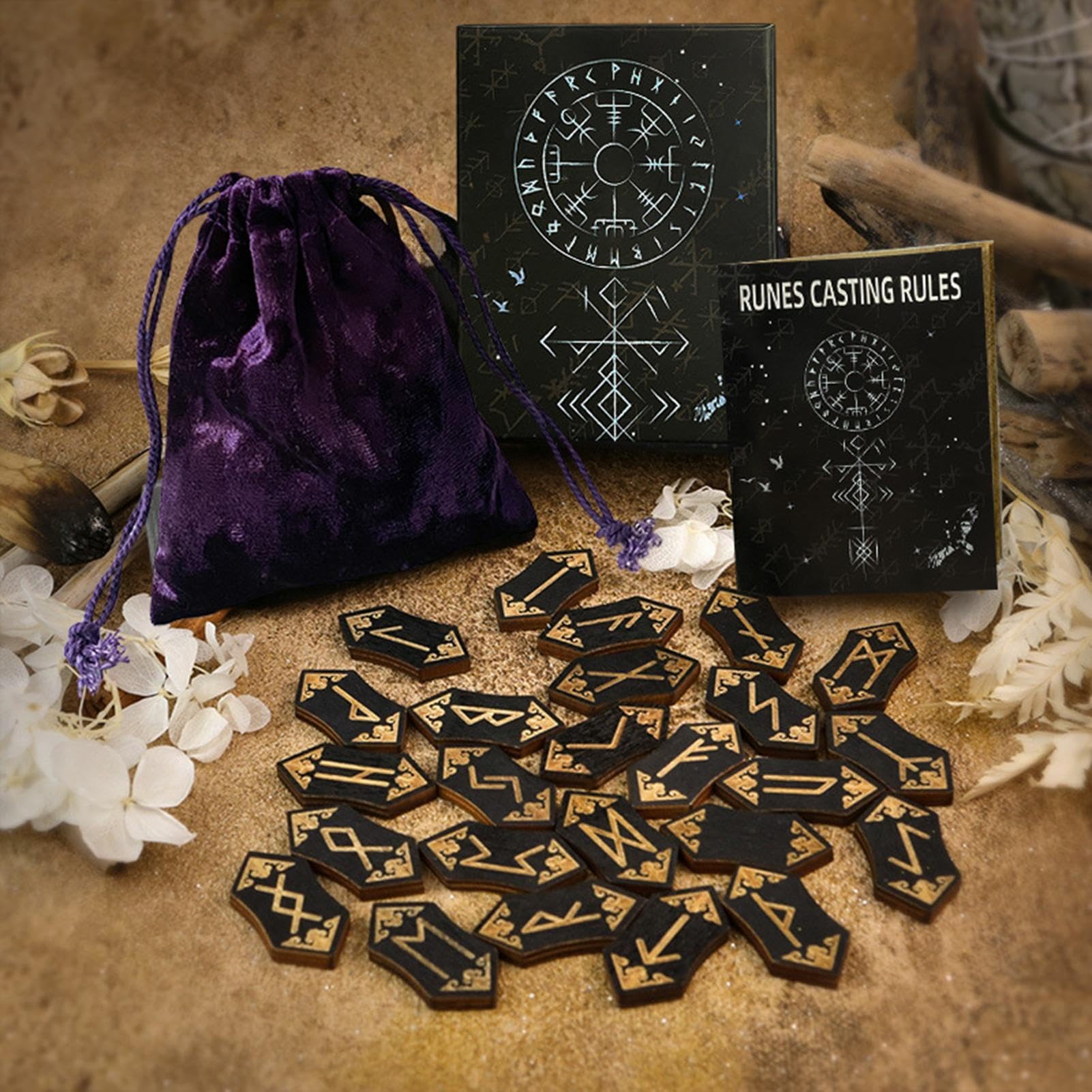 Runen-Set, Holz-Runen mit Anleitung (evtl. nicht in deutscher Sprache), Schnitzzubehör, Mythologie, Meditationswerkzeug für Freunde, Reisen, Schule, Kollegen, Wohnheim, Zuhause, Familie